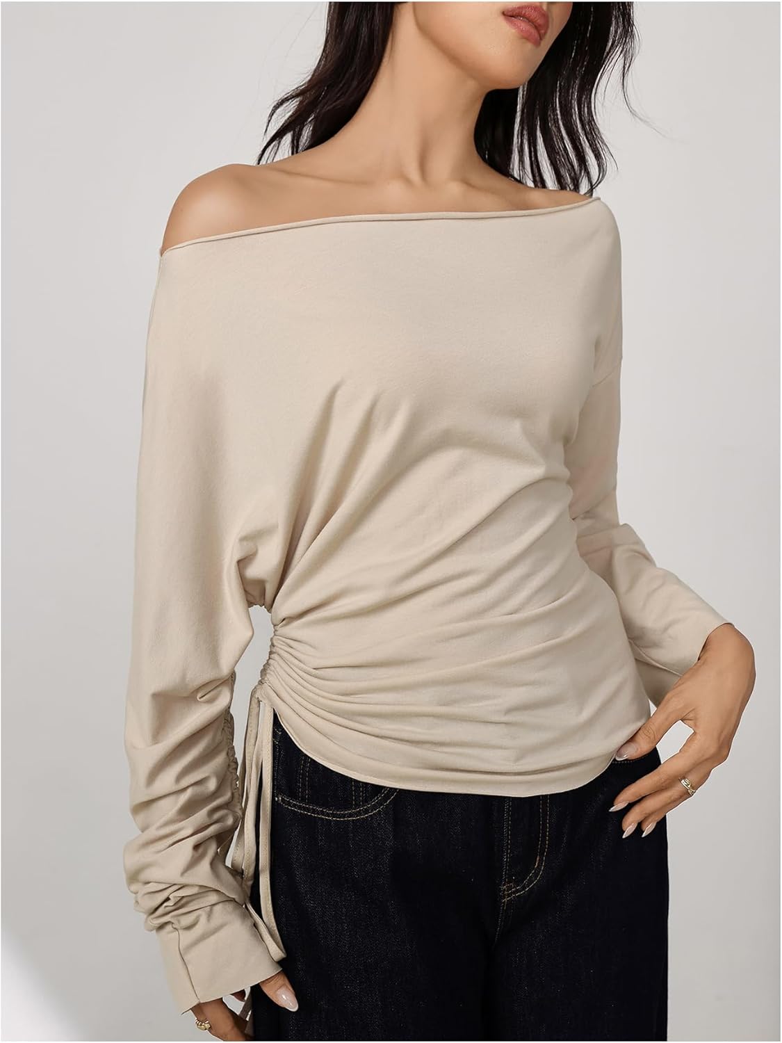 MakeMeChic Women's Off The Shoulder Sweatshirt Asymmetrical Tops Y2k Long Sleeve T Shirt Going Out Tops - Image 2