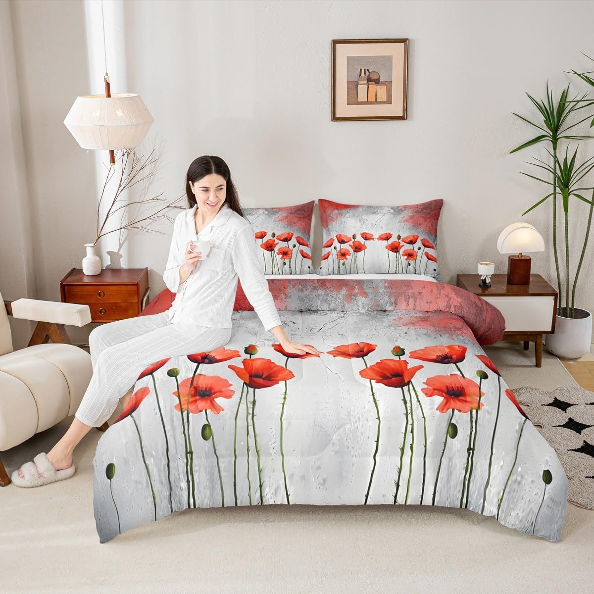 Parure de lit coquelicot Manfei au motif fleurs rouges rustiques et finitions rétro