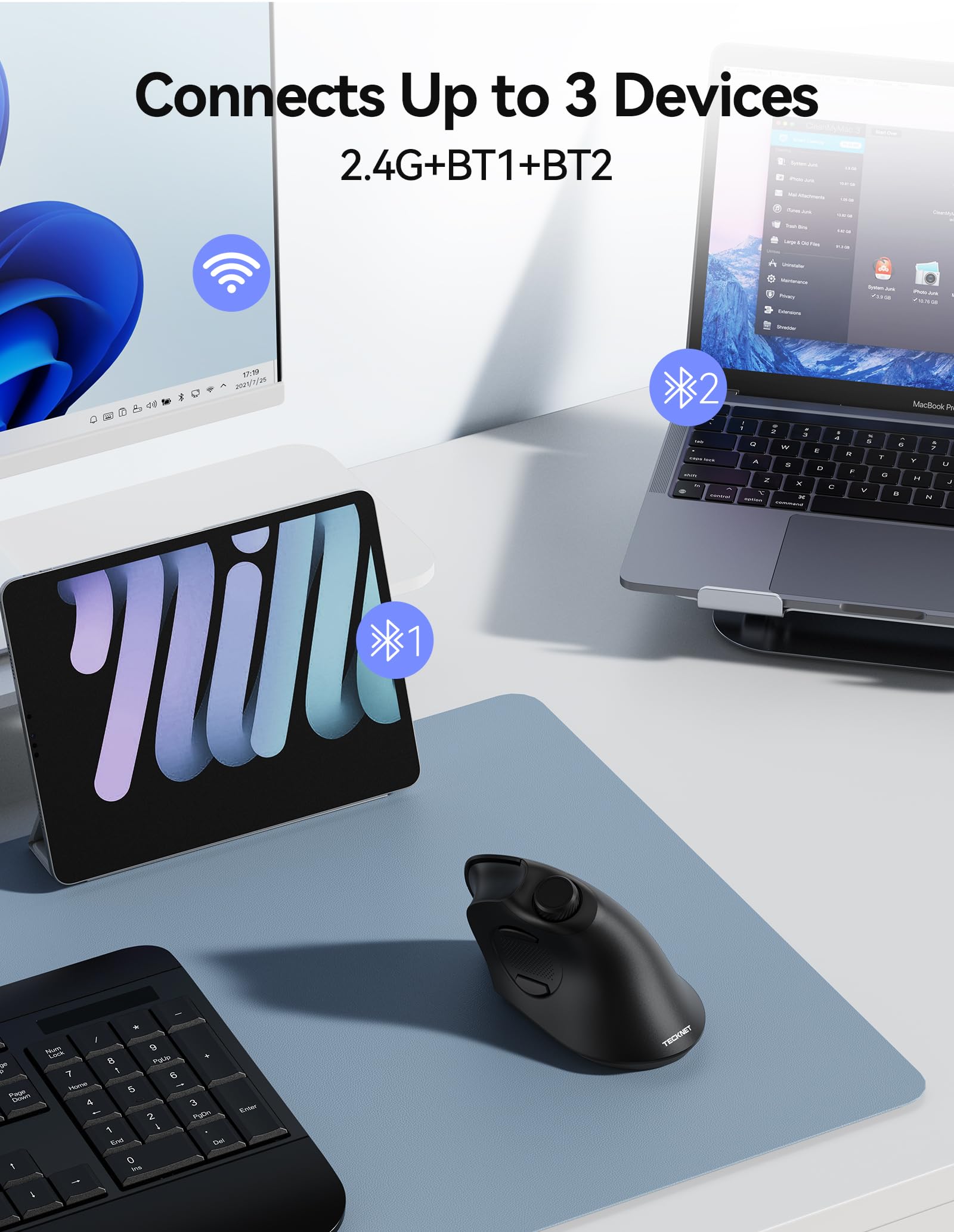 Ratón ergonómico, mouse inalámbrico recargable Bluetooth (BT 5.0/5.0+2.4G), mouse vertical con perilla de volumen, clics silenciosos, ratones inalámbricos 6 DPI ajustables con receptor USB A 3