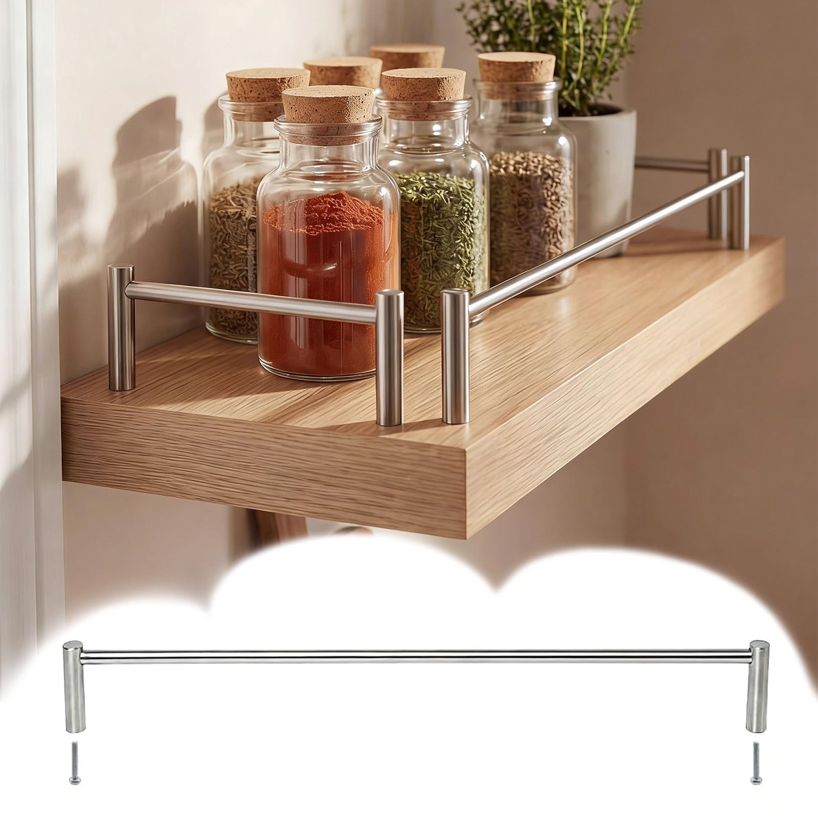 Vibeo Regalgeländer Hängeregalschienen aus Edelstahl, 30–90 cm Lang, Schrankgeländer-Set mit 2 Pfosten, Kippsicherung für Flaschen, Weinflaschen und Bücher(8 Pack,45cm/17.7in)