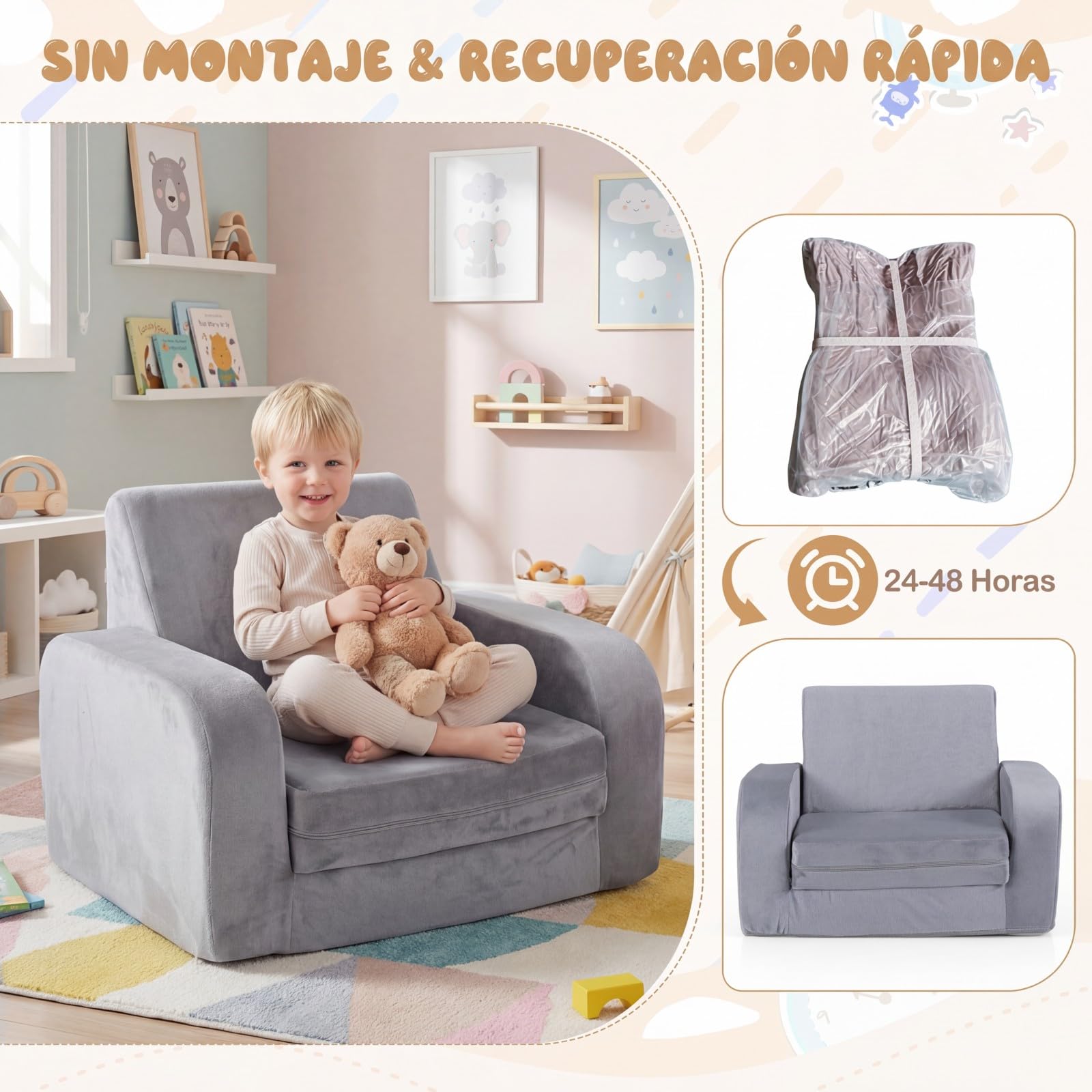 COSTWAY 3 en 1 Sofá Plegable para Niños, Sofá Cama Convertible con Terciopelo Cristal Ultra Suave y Funda Elástica, Desmontable y Lavable a Máquina, Sillón para Niños para Sala de Juegos y Guardería