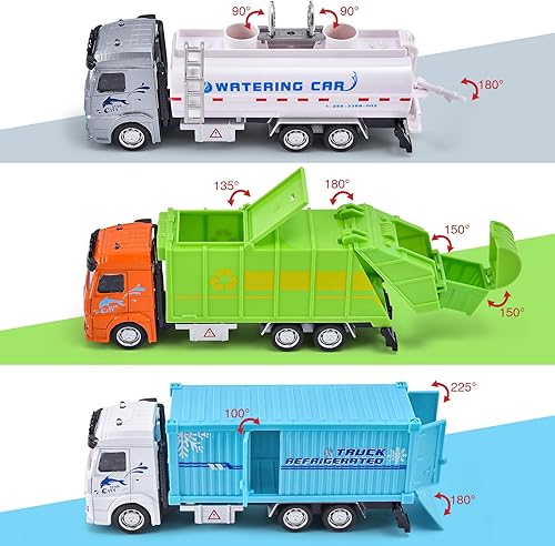Miniatura 2 de Tacobear Paquete de 3 camiones fundidos a presión, vehículos de transporte para niños y niños, camión de basura, camión rociador, camión