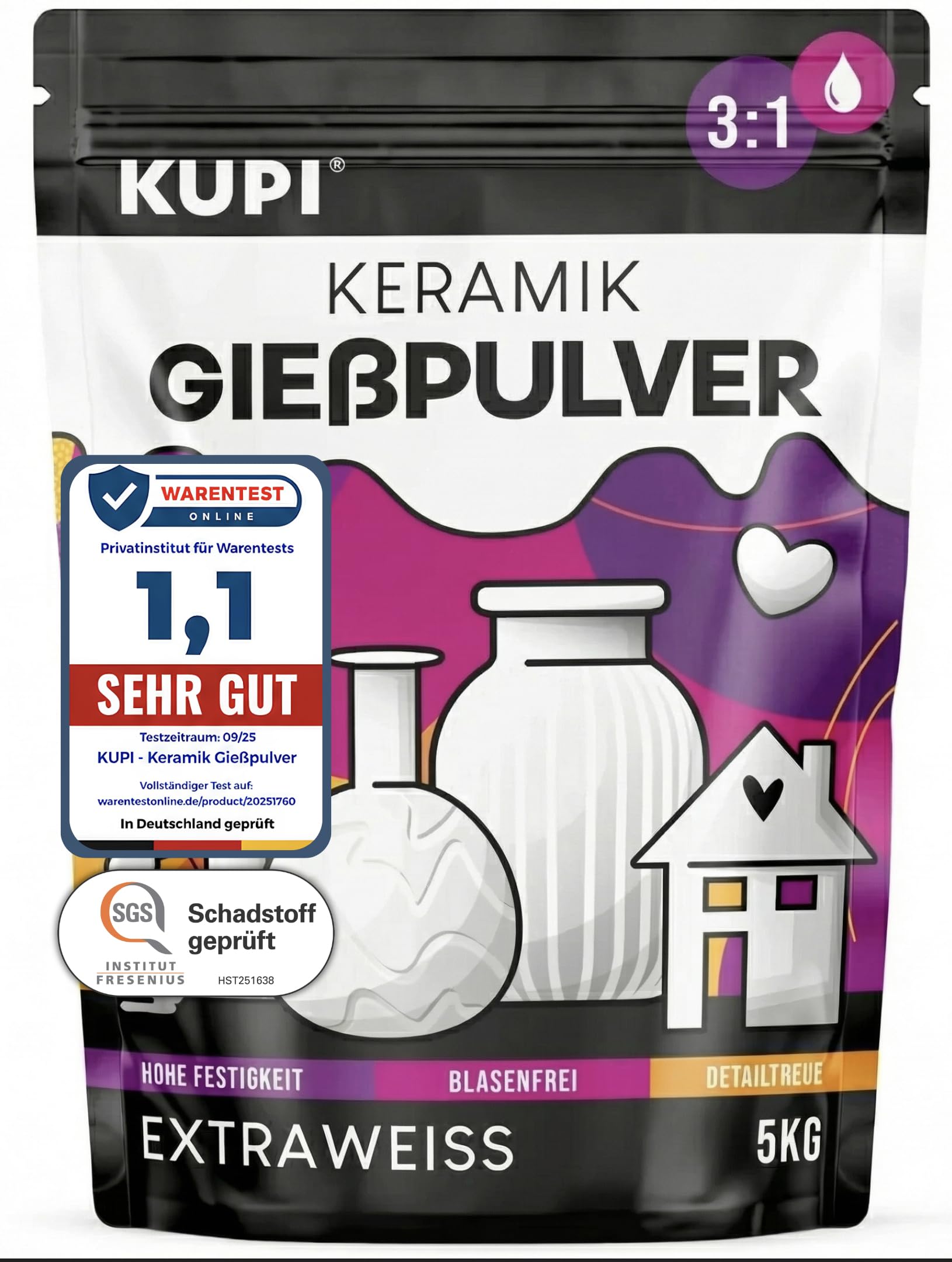 KUPI Keramik Gießpulver Weiß 5kg | Gips zum Gießen Lufthärtend & Geruchlos | Gießmasse für Silikonformen | Reliefgießpulver Keramikpulver Gipspulver