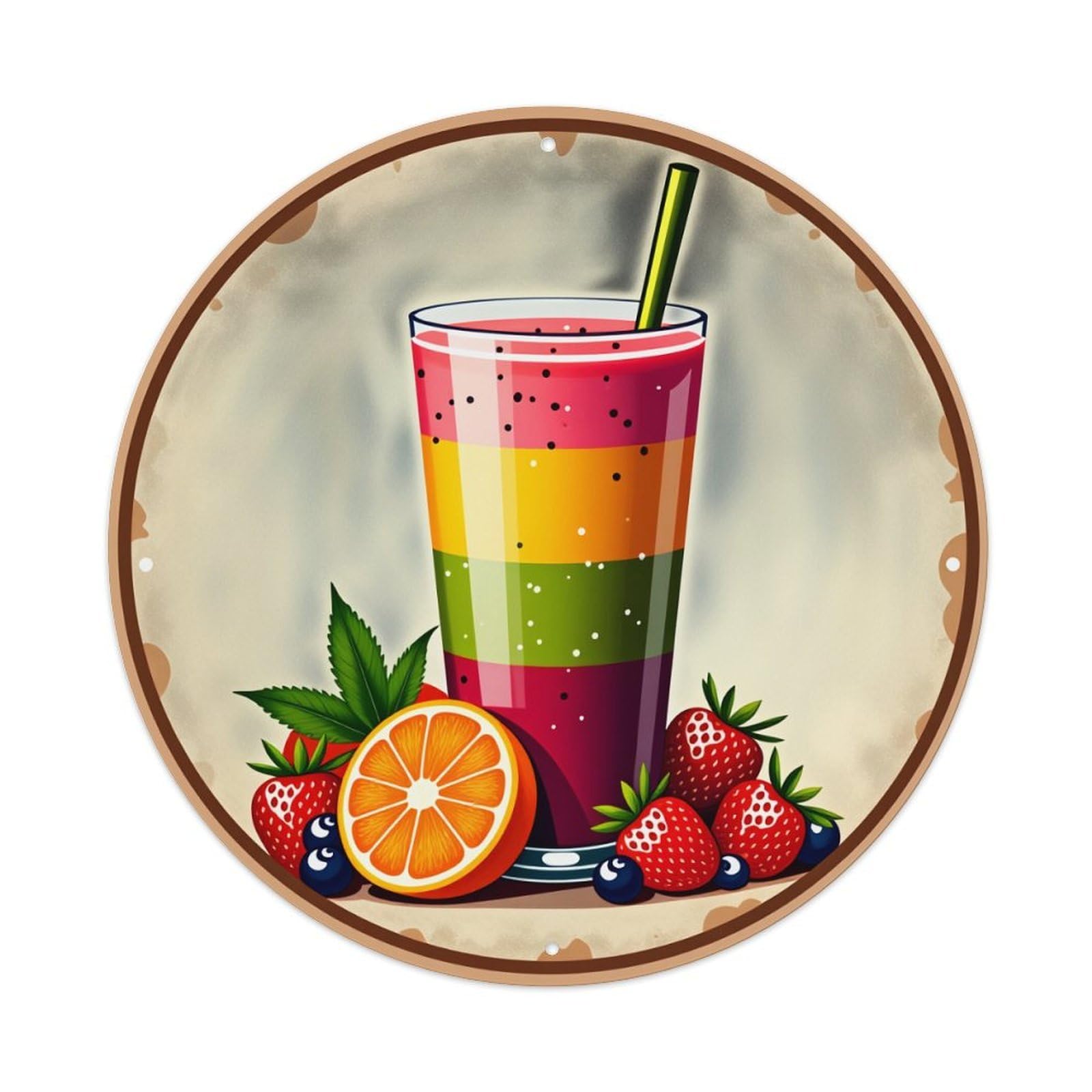 Fruit Layered Smoothie Glass Straws Round Tin Sign Vintage Style Metal Sign Home Bar Garden Wall Plaque Decor Metal Poster 8x8 Inch