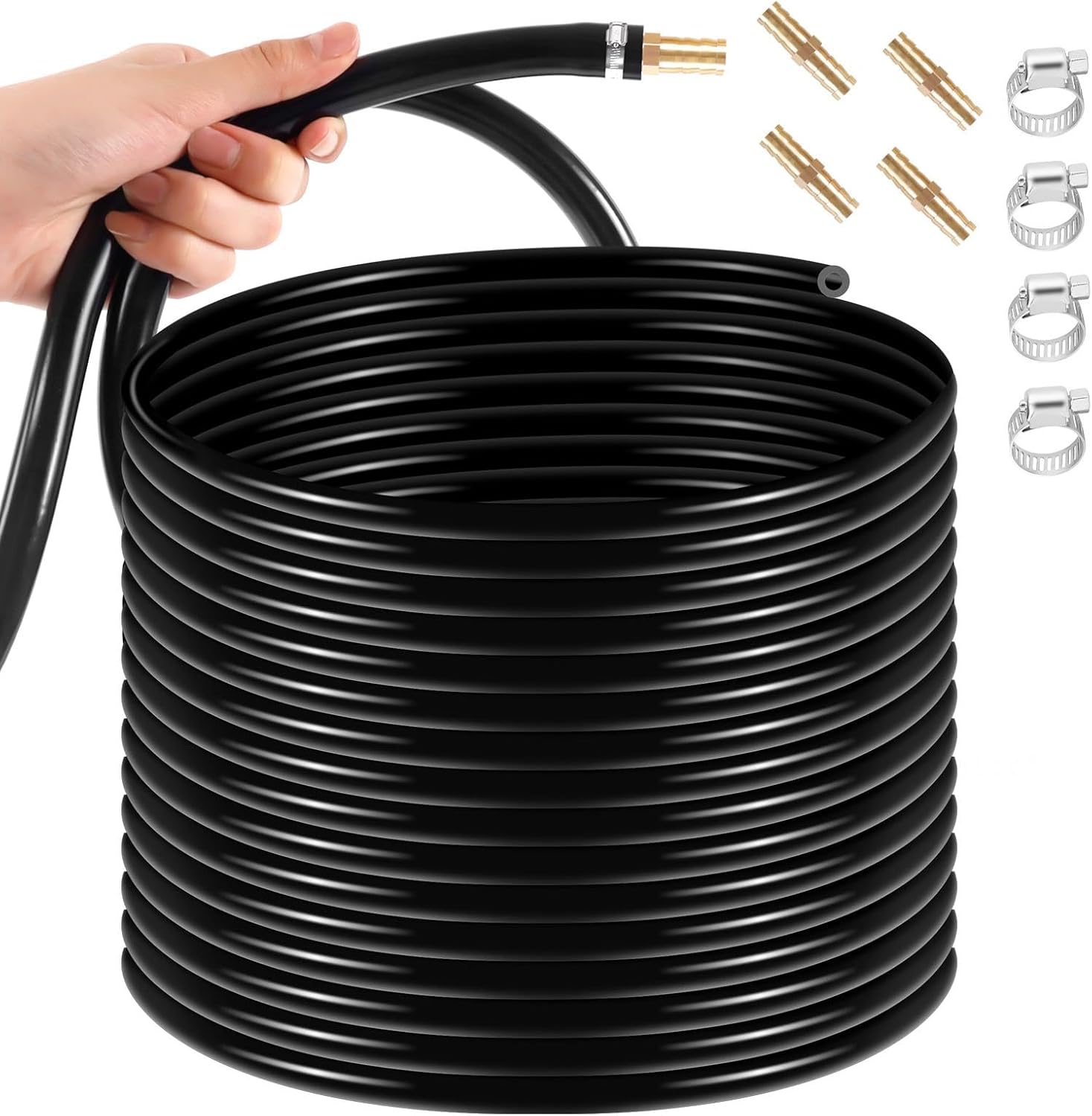 Self Sinking Aeration Hose, 3/8 inch 100 Ft x3 Weighted Pond Aeration Tubing with 4 Stainless Steel Hose Clamps and 4 Copper Menders used for Pond Aeration Kit Hoses Garden Ponds Swimming Pools