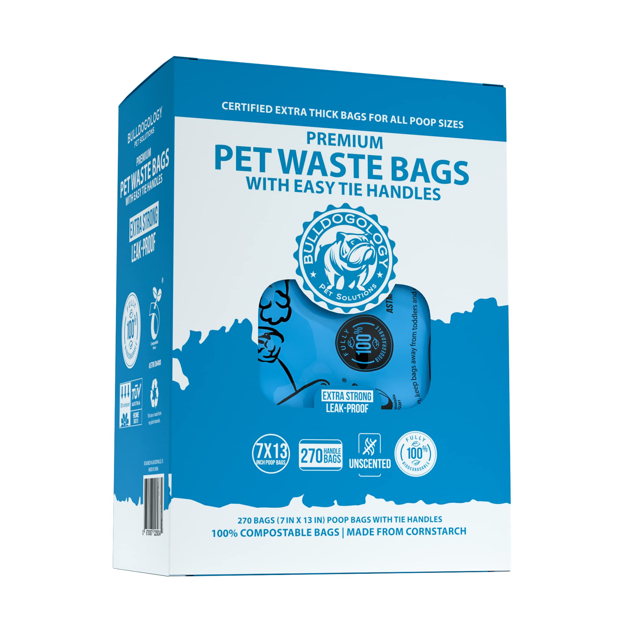 BulldogologyDog Poop Bags with Handles - Extra Thick & 100% Biodegradable Dog Waste Bags (270 Bags, 18 Rolls)