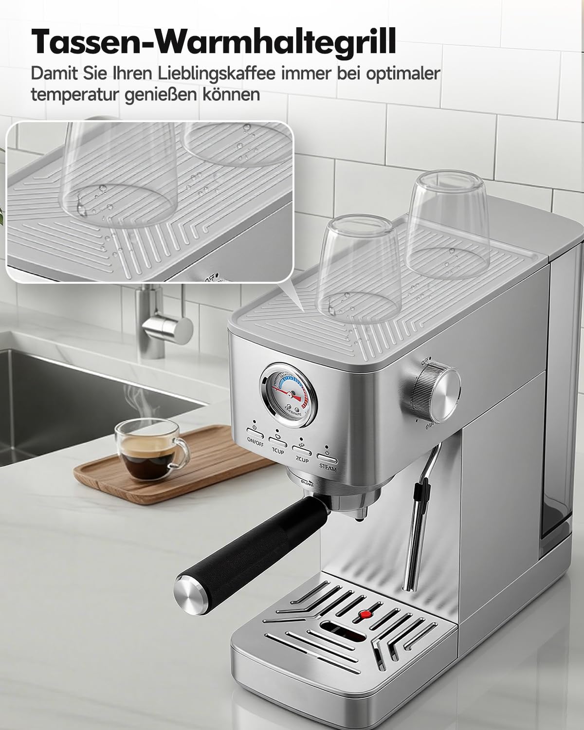 HAUSPROFI Siebträgermaschine Espressomaschine 15 Bar Manometer 1,4L Wassertank Kaffeemaschine Silber