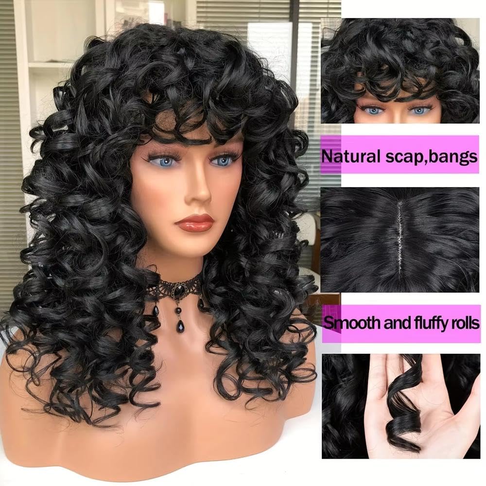 Haarpflege Schwarze Lockige Perücke Für Frauen Mit Pony. Schwarze Lockige Haarperücke Für Den Täglichen Gebrauch Und Cosplay