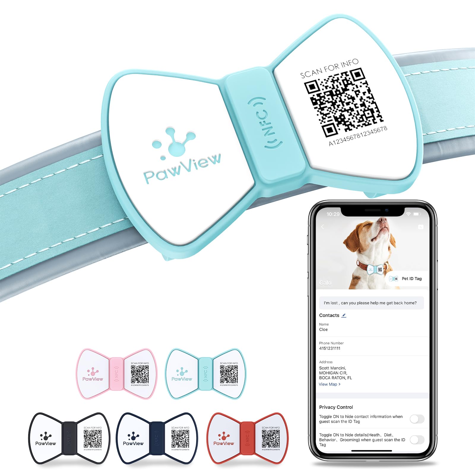 PawView Smart Pet ID Tag, QR Code Dog Tag, No Fee, Waterproof Silent Silicone Pet Name Tag with Instant Scan Location Alert, Stylish Bowtie Great