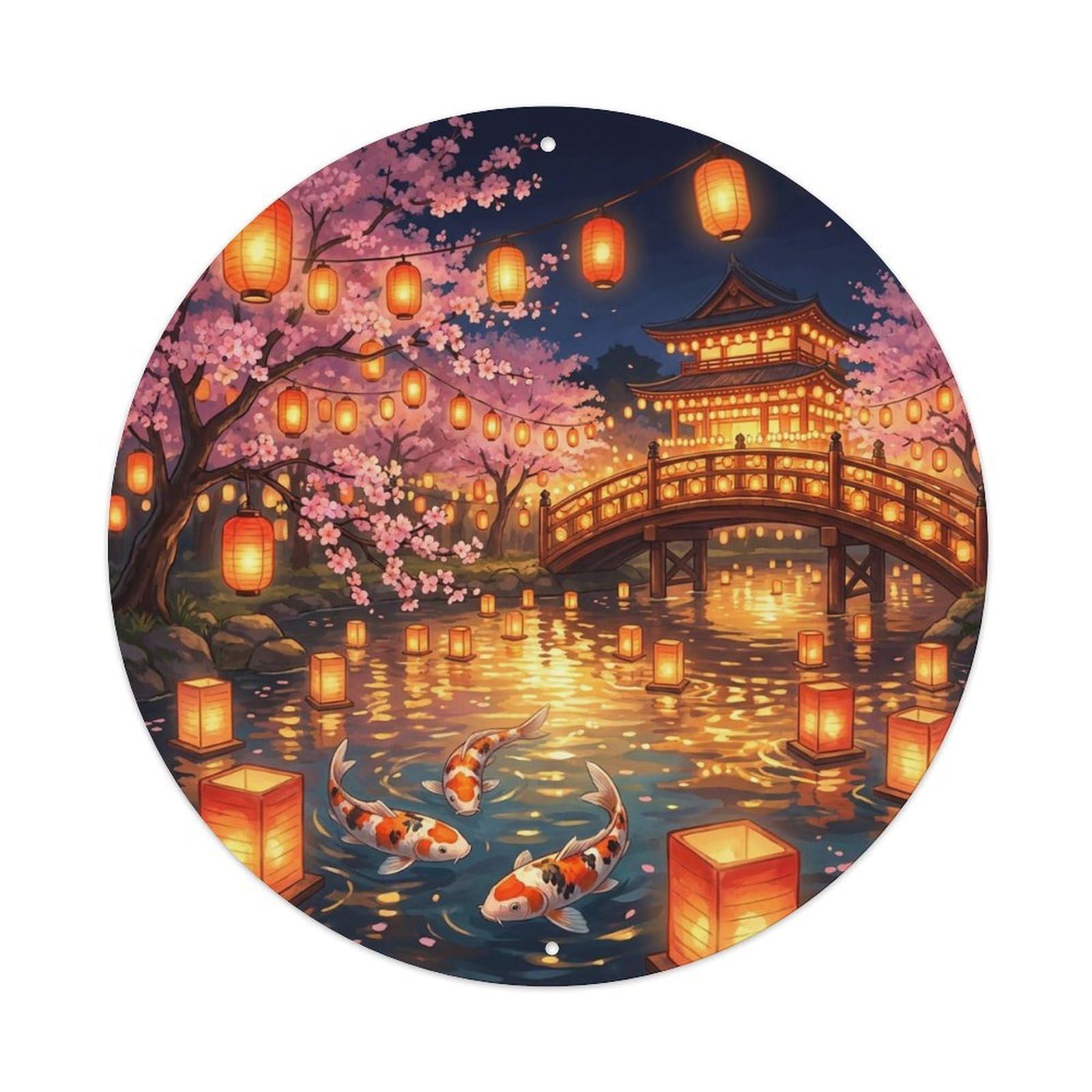 Olyhtr 8X8inch Classic Style Water Lantern Koi Pond Japanese Garden Vintage Metal Tin Sign