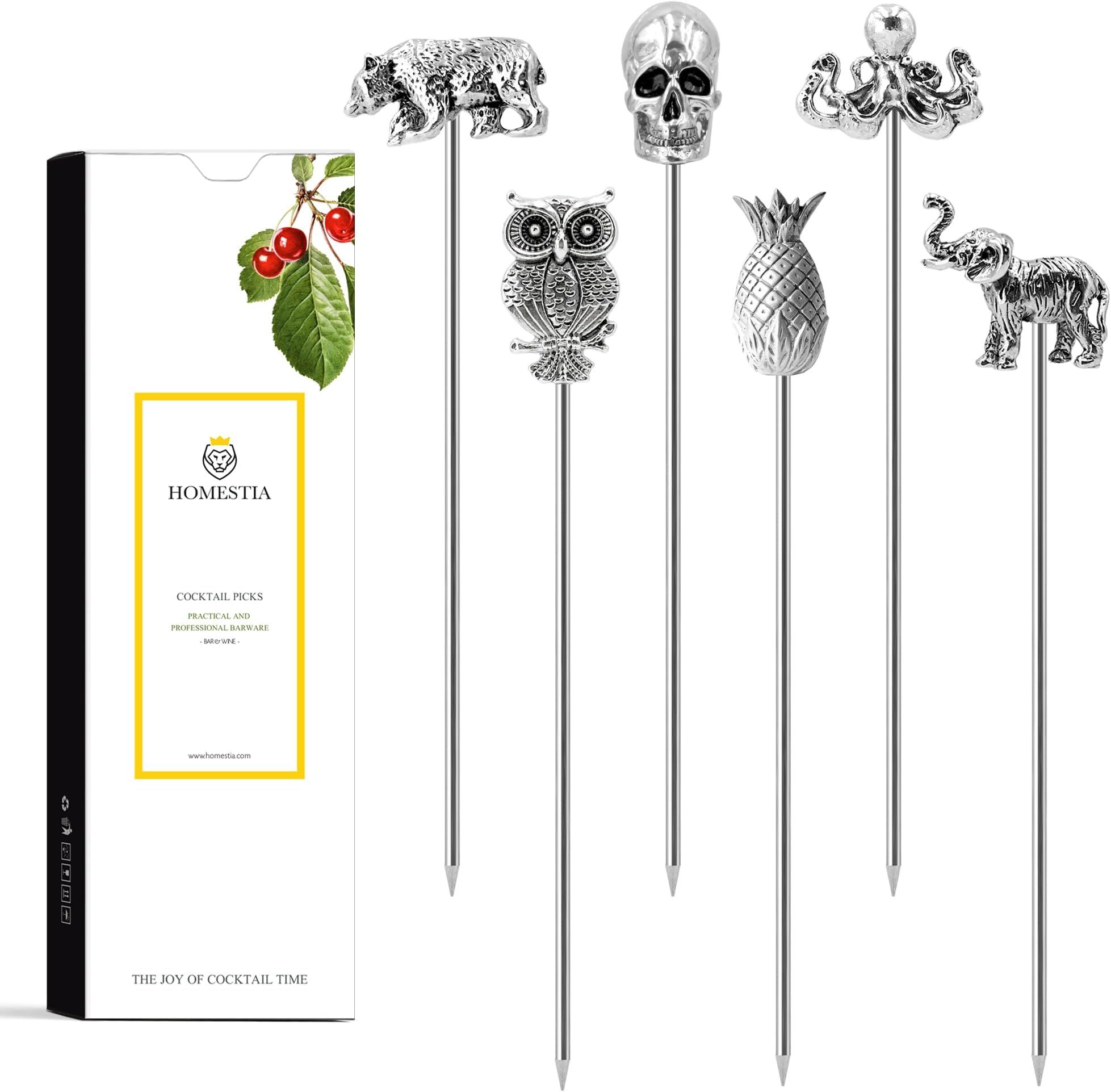 Homestia Stainless Steel Cocktail Picks, 4.7 Inch Reusable Martini Olive Picks, Metal Garnish Skewers for Drinks, Appetizers, Bloody Mary - Set of 6 Metal Cocktail Picks for Party Bar