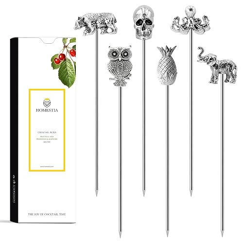 Homestia Metal Cocktail Picks for Drinks, 4.7" Reusable Cocktail Toothpicks Garnish Cocktail Skewers Swords, 6Pcs Olive Martini Picks, Vintage Cocktail Pins Accessories for Drinks Halloween Party Bar