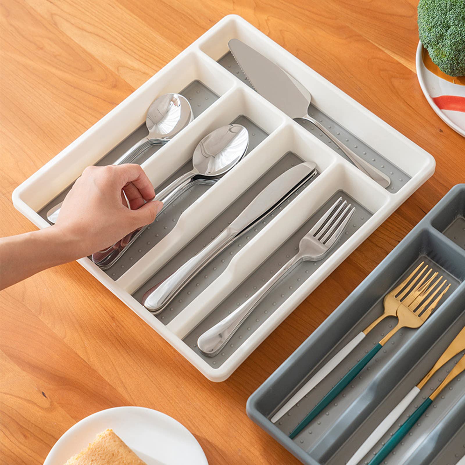 Besteckkasten aus Kunststoff mit 3 Fächern für Küchenutensilien, 41 x 34 x 5 cm, Organizer für Besteck, Schubladenaufbewahrungslösung, Küchenzubehör