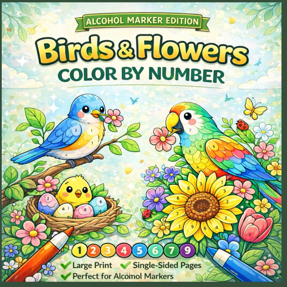Birds & Flowers Color by Number for Alcohol Markers: Large Print Designs for Adults and Teens
