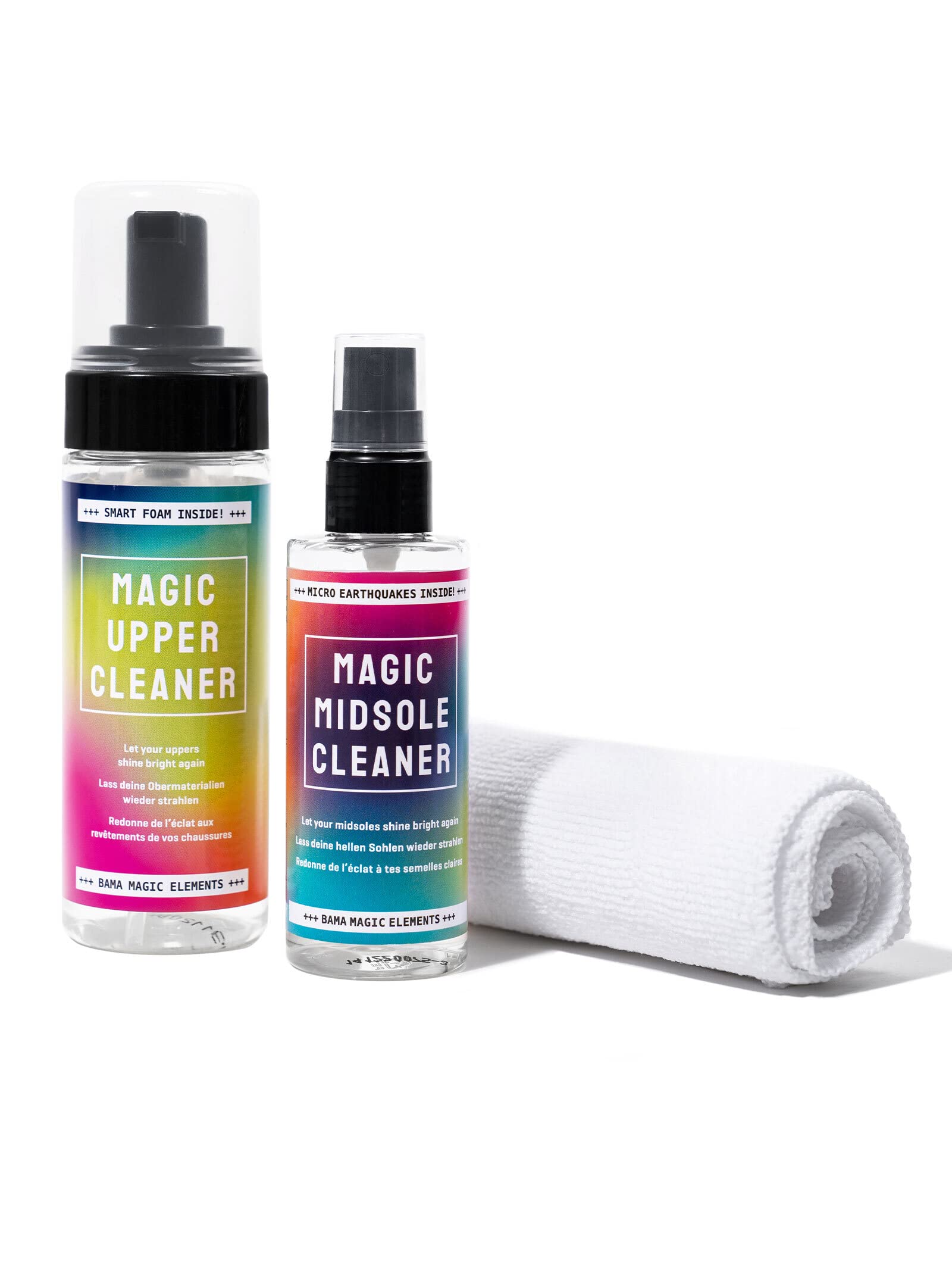 BamaMagic Sneaker Cleaning Set - Midsole Cleaner 100ml + Upper Cleaner 150ml + Free Microfibre Cloth - Water-Based, Biodegradable & Oeko-Tex® Certified - For White & Coloured Sneakers