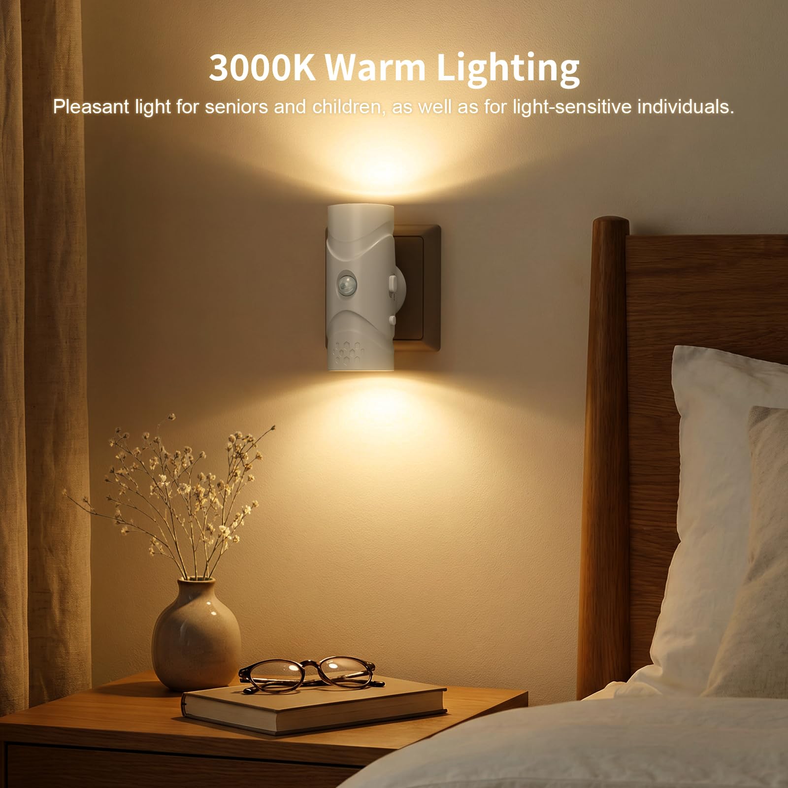 Luz Nocturna LED de Enchufe con Sensor de Movimiento, Lampara Noche Niños 40LM Regulable Continua, Doble Iluminación Arriba Abajo 3 Modos, 3000K Blanco Cálido para Pasillo Escaleras (4)
