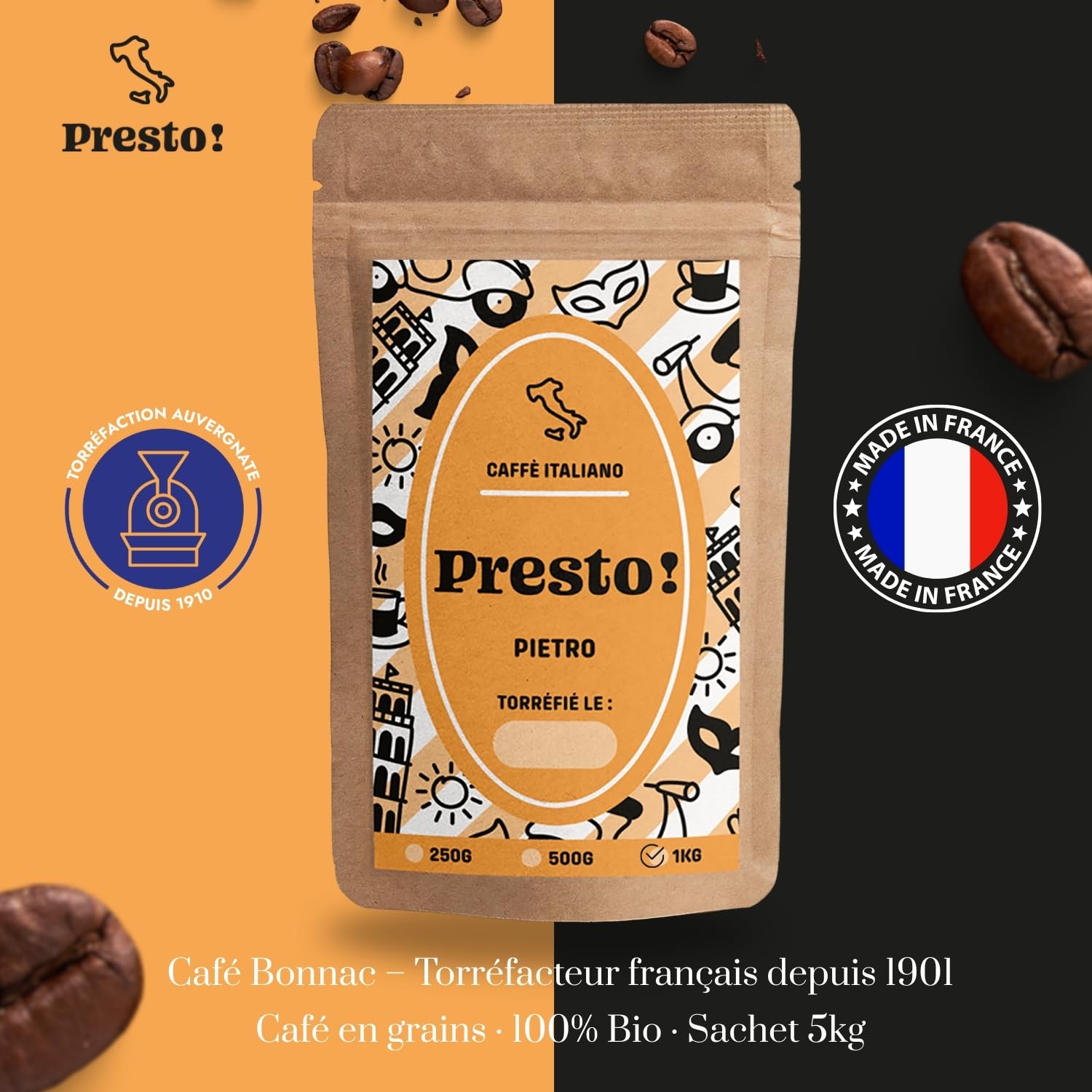 Café Bonnac – Lot de 5 × 1 kg | Café En Grain Presto Blend Pietro | 100% Arabica Torréfié À L’Italienne | Goût Intense Et Velouté | Créma Abondante | Torréfaction Artisanale