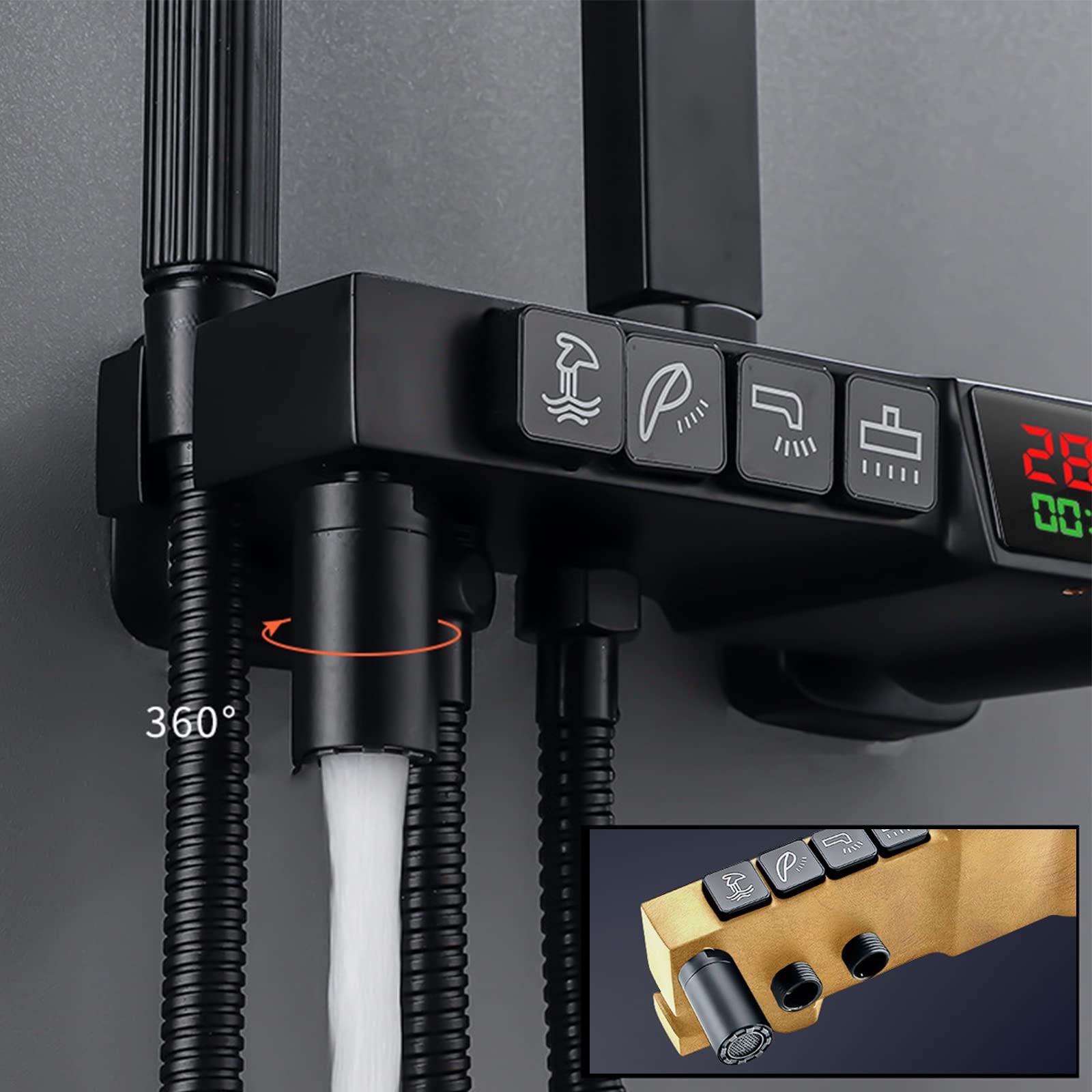 Sistema Doccia Nero con Display Digitale, Set Rubinetto termostatico, Miscelatore in Ottone con soffione a Pioggia, doccetta, doccetta Bidet, beccuccio Vasca, Altezza Doccia Regola