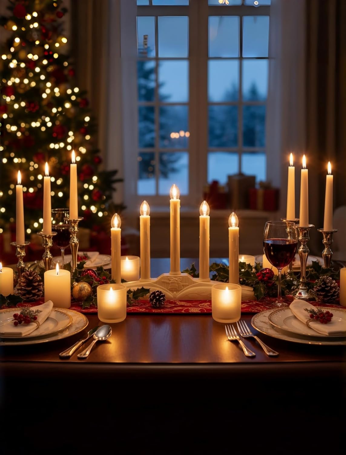 Window Candles for Christmas, Battery Operated or Electric LED Flameless Taper Candlesticks with Timer and Sensor for Holiday Home Window Decoration, Ivory Base, 5-Light Set