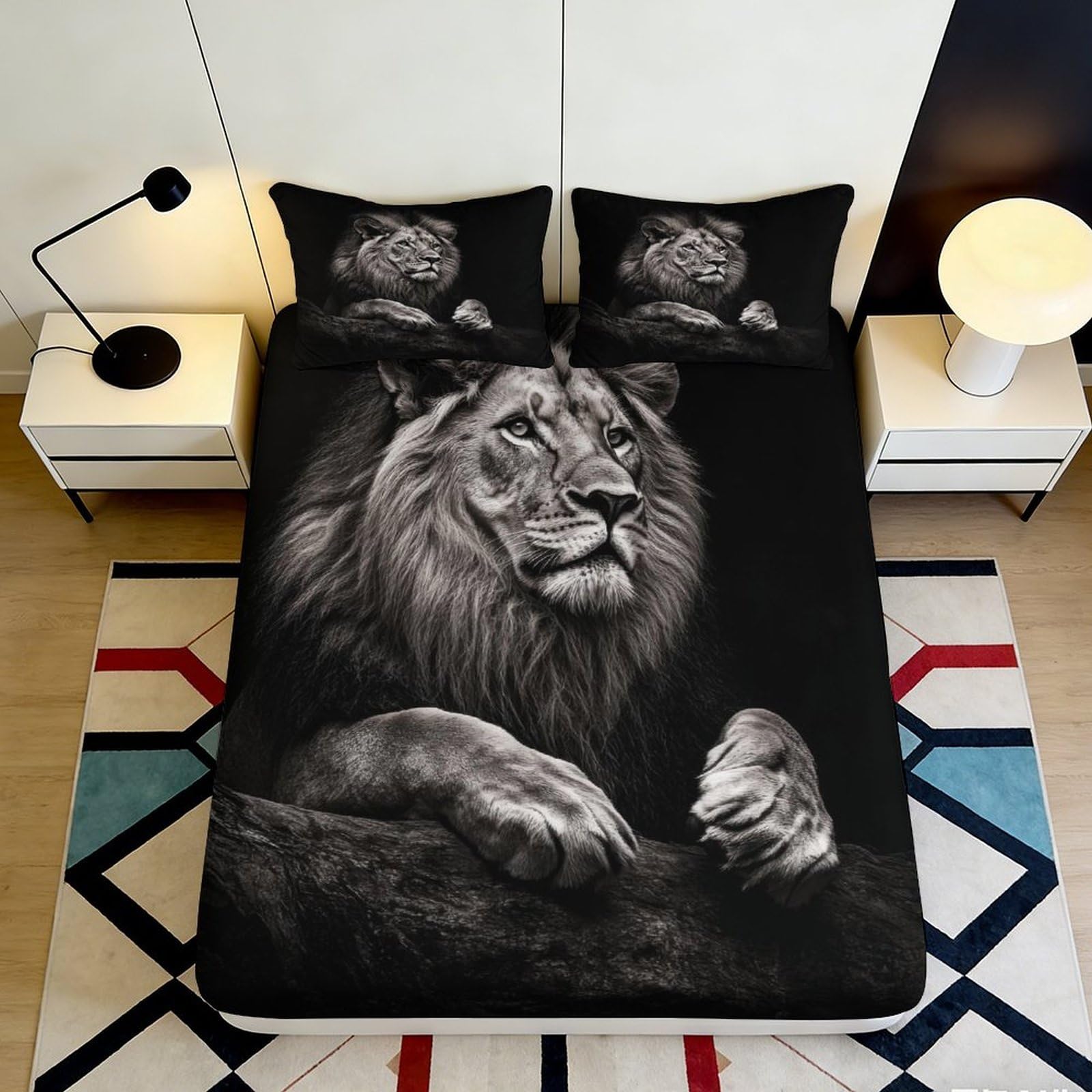 Dhbaneiok Style-2 3D Printed Majestic Lion Fitted Sheet Microfiber Soft Black Wild Animal Bed Cover For Bedroom Guest Room Decor 90X200x25cm