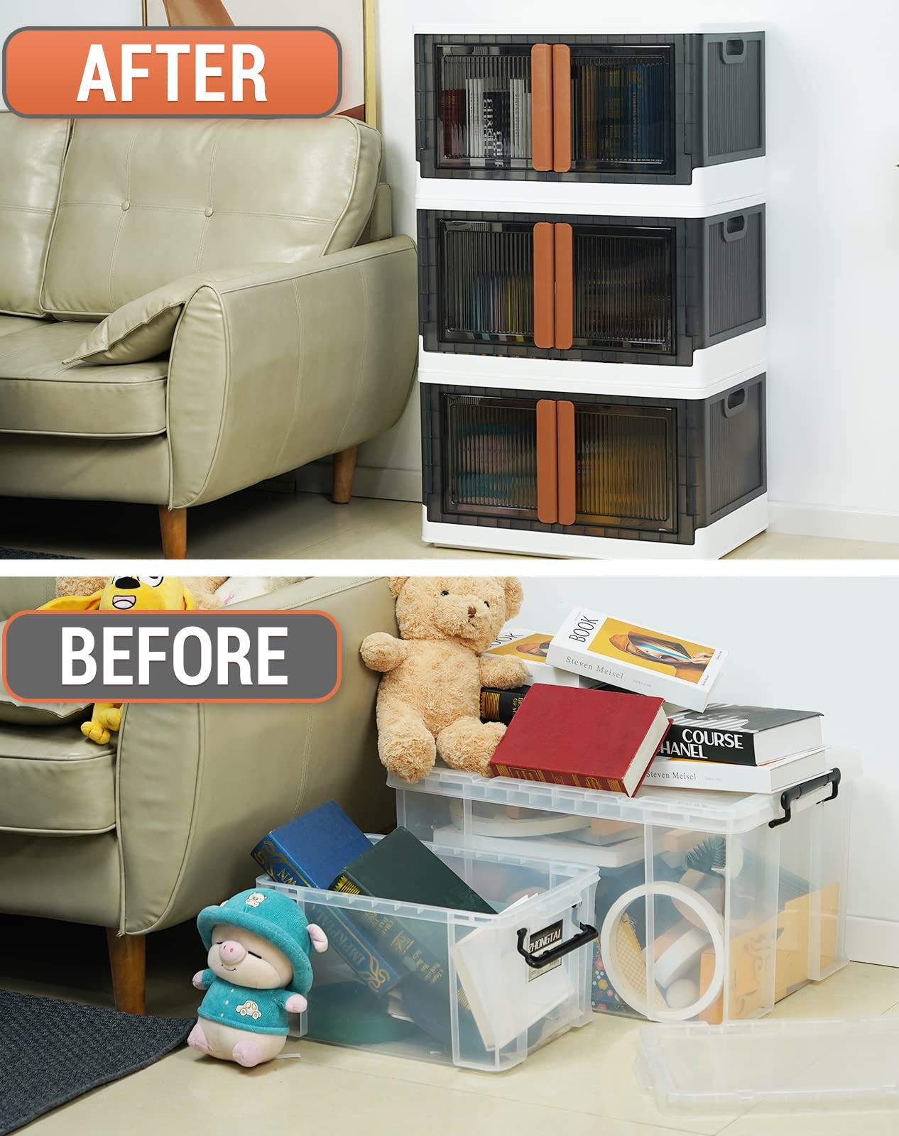 kenvc Plastic Storage Bins with Lids (3 Packs), 34Qt Clear Stackable Storage Bins for Closet Organizers and Storage with Wheels, Stackable Storage Bins with Lids and Doors