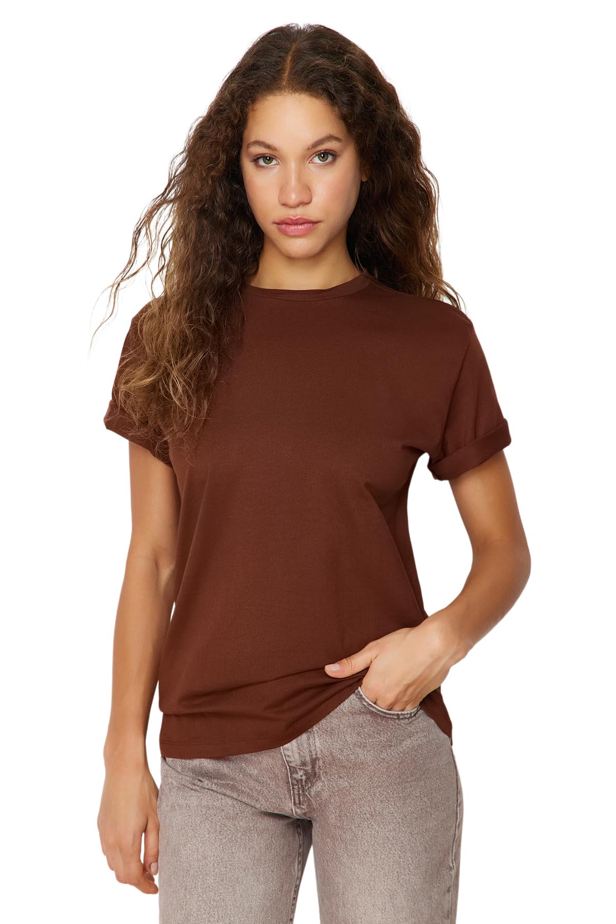 Trendyol Damen Brown 100% Baumwollfreund Crew Hals gestrickt T-Shirt Twoss20TS0134, Brown XS