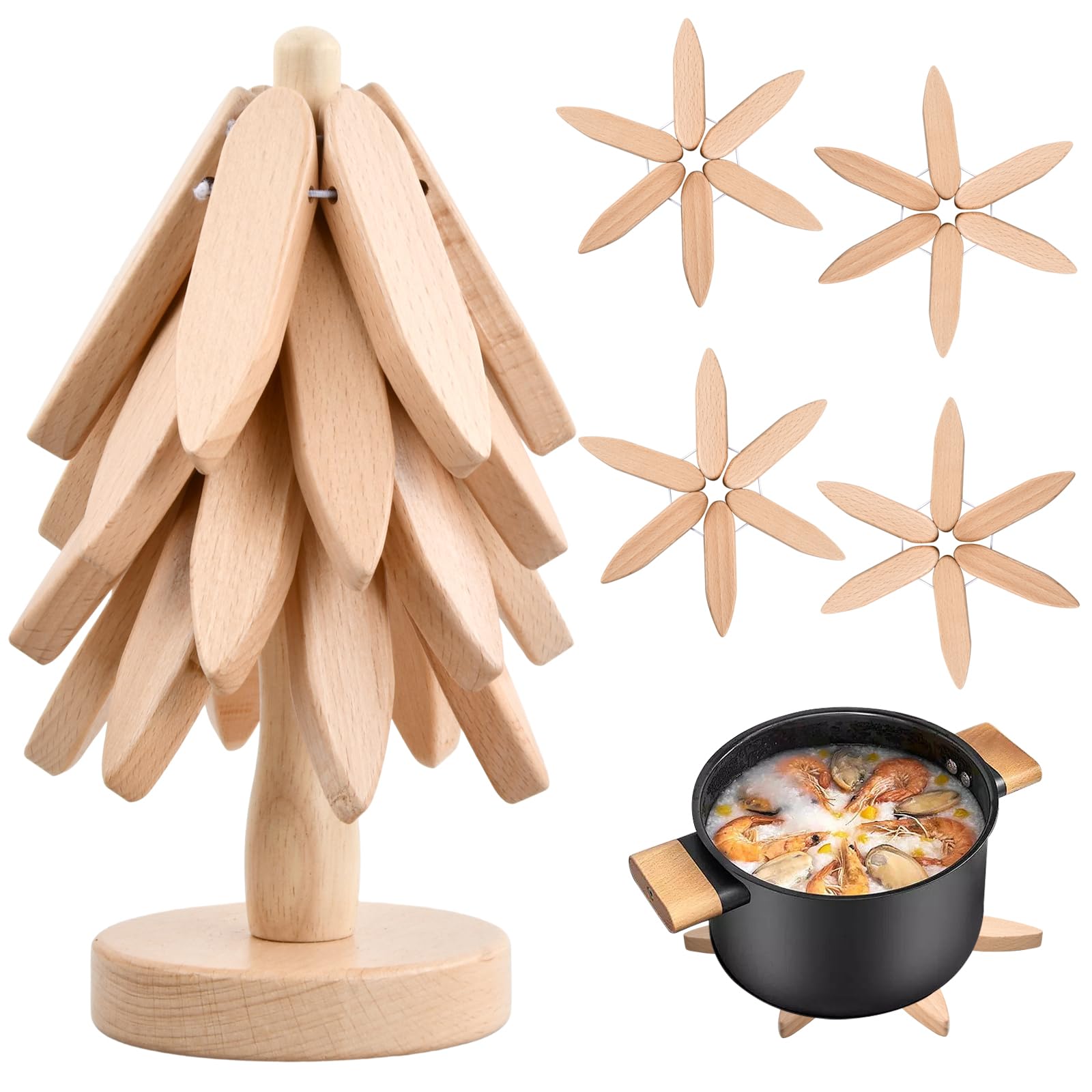 Lot De 4 Dessous De Plat En Bois Avec Support Créatif En Forme D'arbre Pour Plats Chauds, Dessous De Plat Pliables En Bois Résistants à La Chaleur, Dessous De Plat En Bois