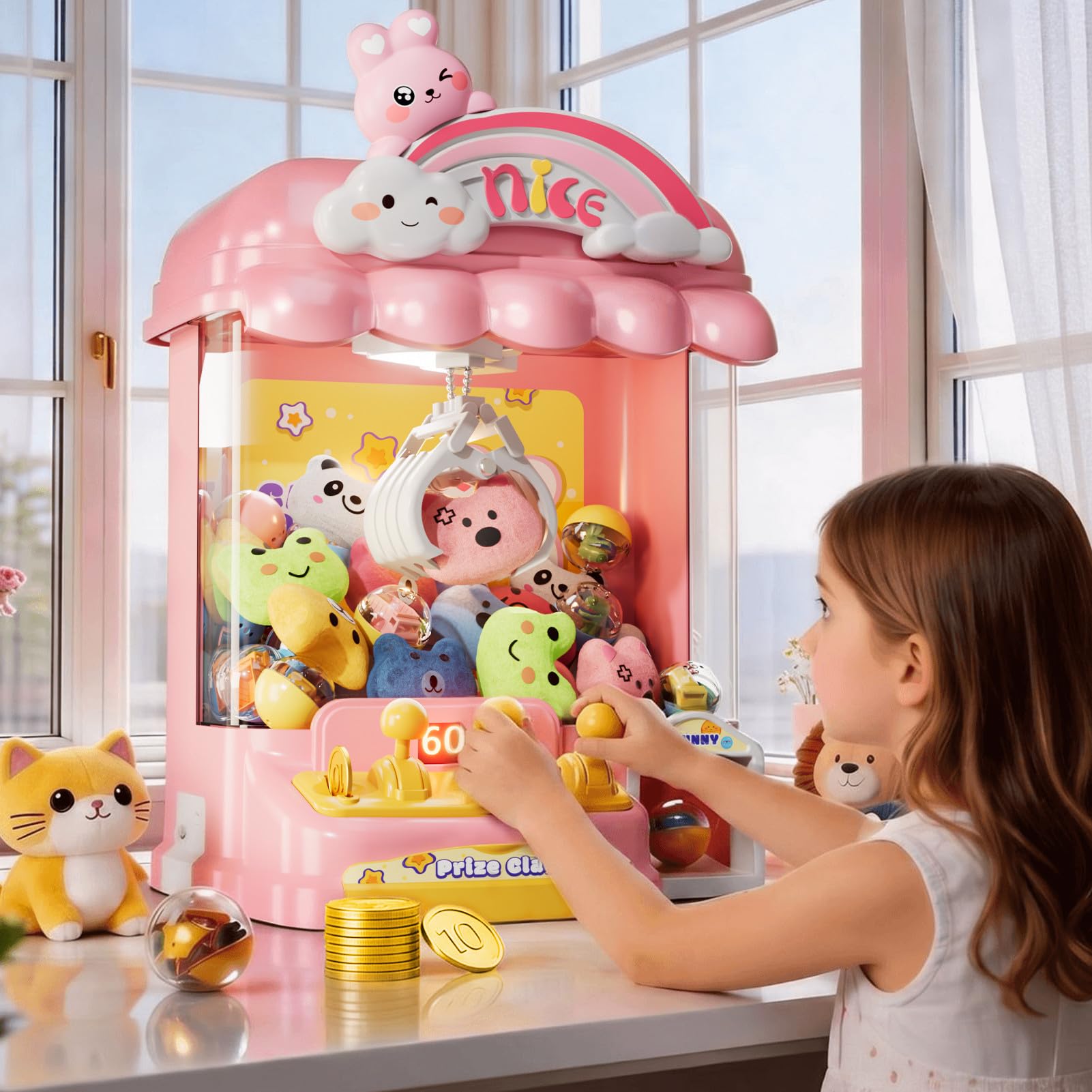 Giocattolo mini macchina premi con coniglietto JeeMoien per bambini, distributore con regolazione volume e musica, adatto 3-8 anni, regalo compleanno e feste per bambine 3,4,5,6,7,8 anni