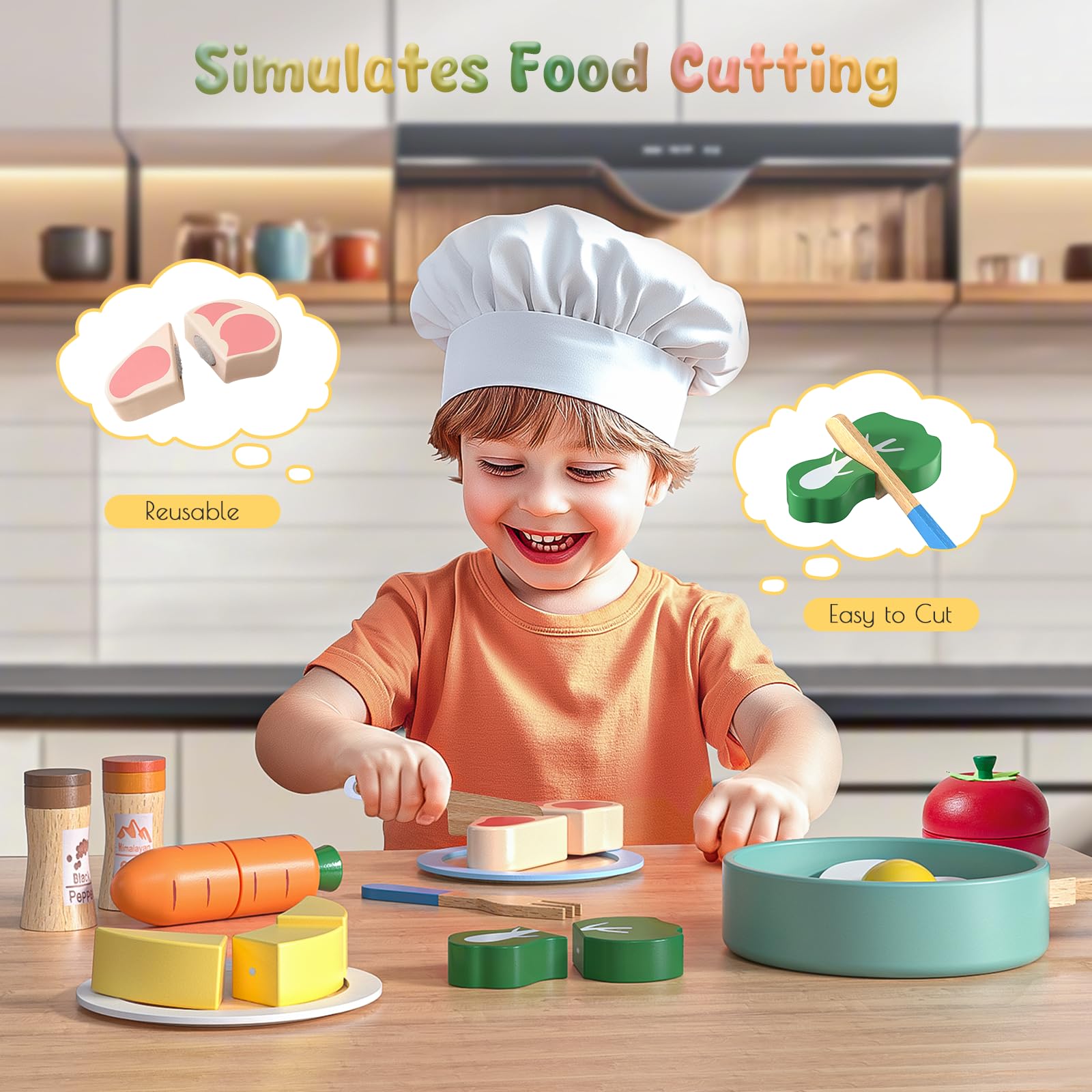 22 pezzi di accessori da cucina in legno, set di giocattoli da cucina per bambini, gioco di ruolo in cucina, set di pentole e padelle da cucina per ragazze, ragazzi, 3, 4, 5, 6 anni