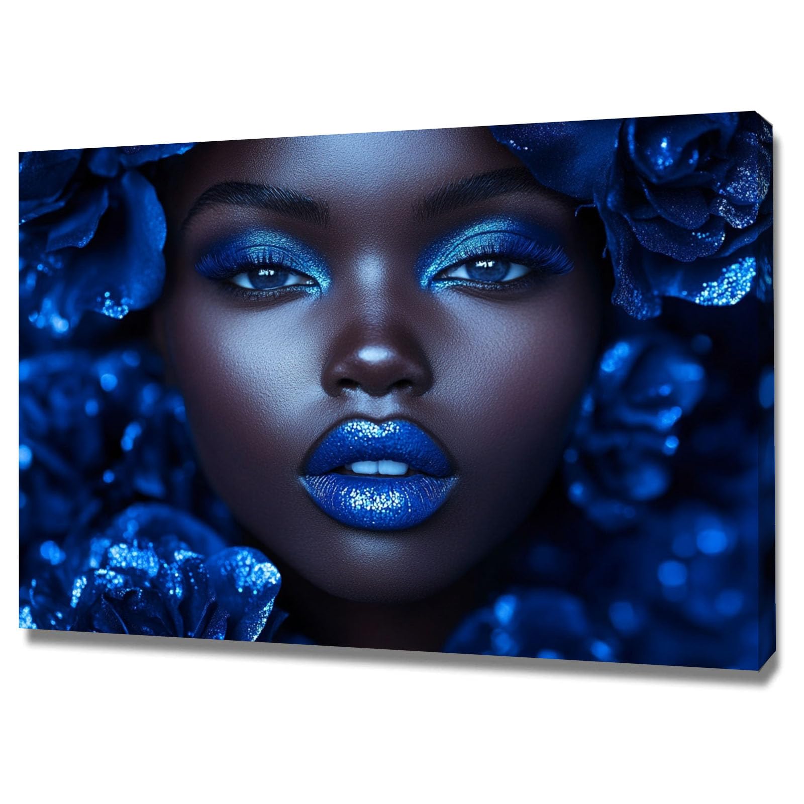 TERUEA Elegant Artwork for Girls Room Bedroom Wall Decor Woman With Blue Makeup And Floral Portrait Vintage Humor Wall Poster for Bathroom Toilet Decor(Blue)-60x90cm Framed