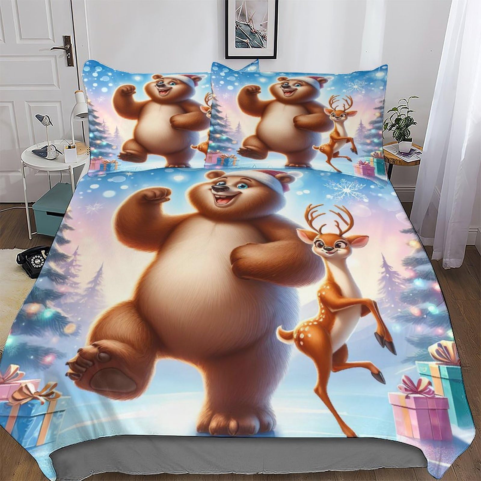 Housse de couette ours parure de lit 220x240 anti-plis en microfibre douce pour lit double