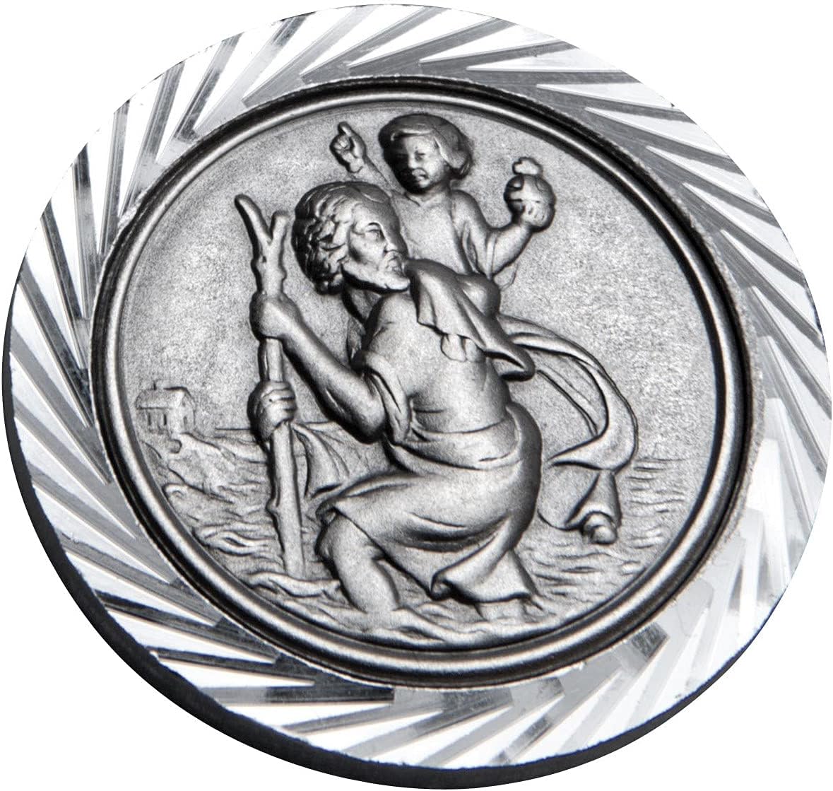 Christophorus Auto Plakette 3,5cm | Silber Metall | Mit Schutzengel | 3M Klebepad | Geschenkbox