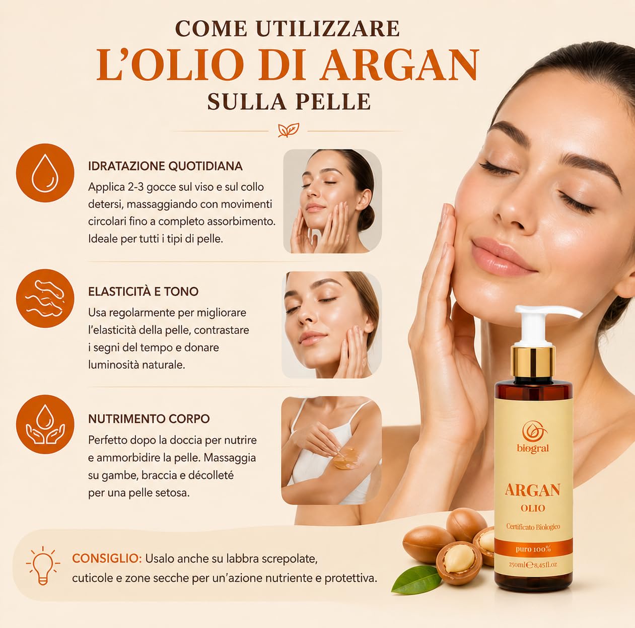 Olio di Argan Puro per Pelle Biologico (250 ml X 2pz + Saponetta Omaggio), Idratante Corpo, per Capelli Secchi e Crespi e Danneggiati, Privo di Sostanze Chimiche