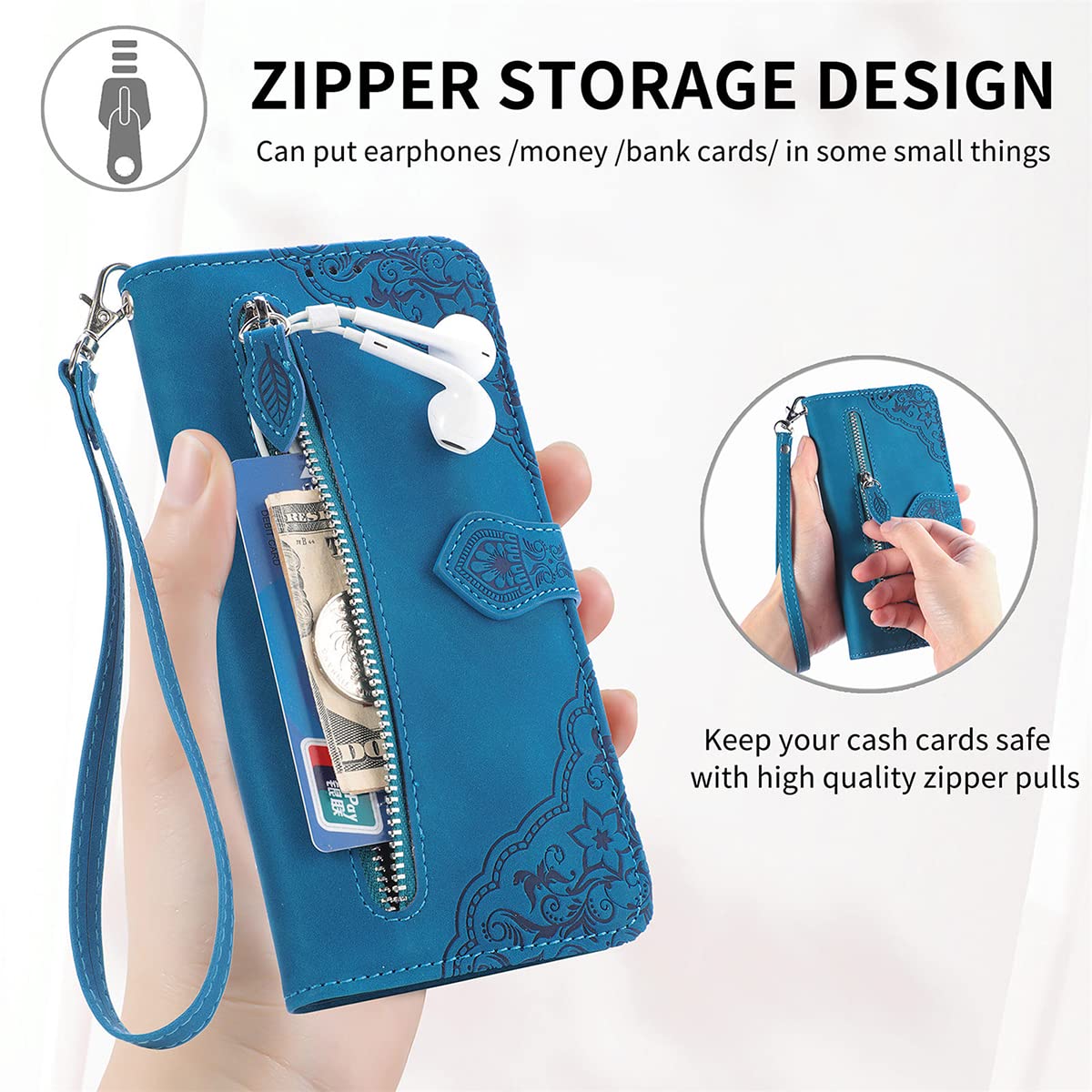Monwutong Zipper Storage Design Wallet Case for Samsung Galaxy A73 5G, Skin Friendly Feel Leather Case with Magnetic Clasp and Muliti-Card Slots Holster for Samsung Galaxy A73 5G,SZY Blue