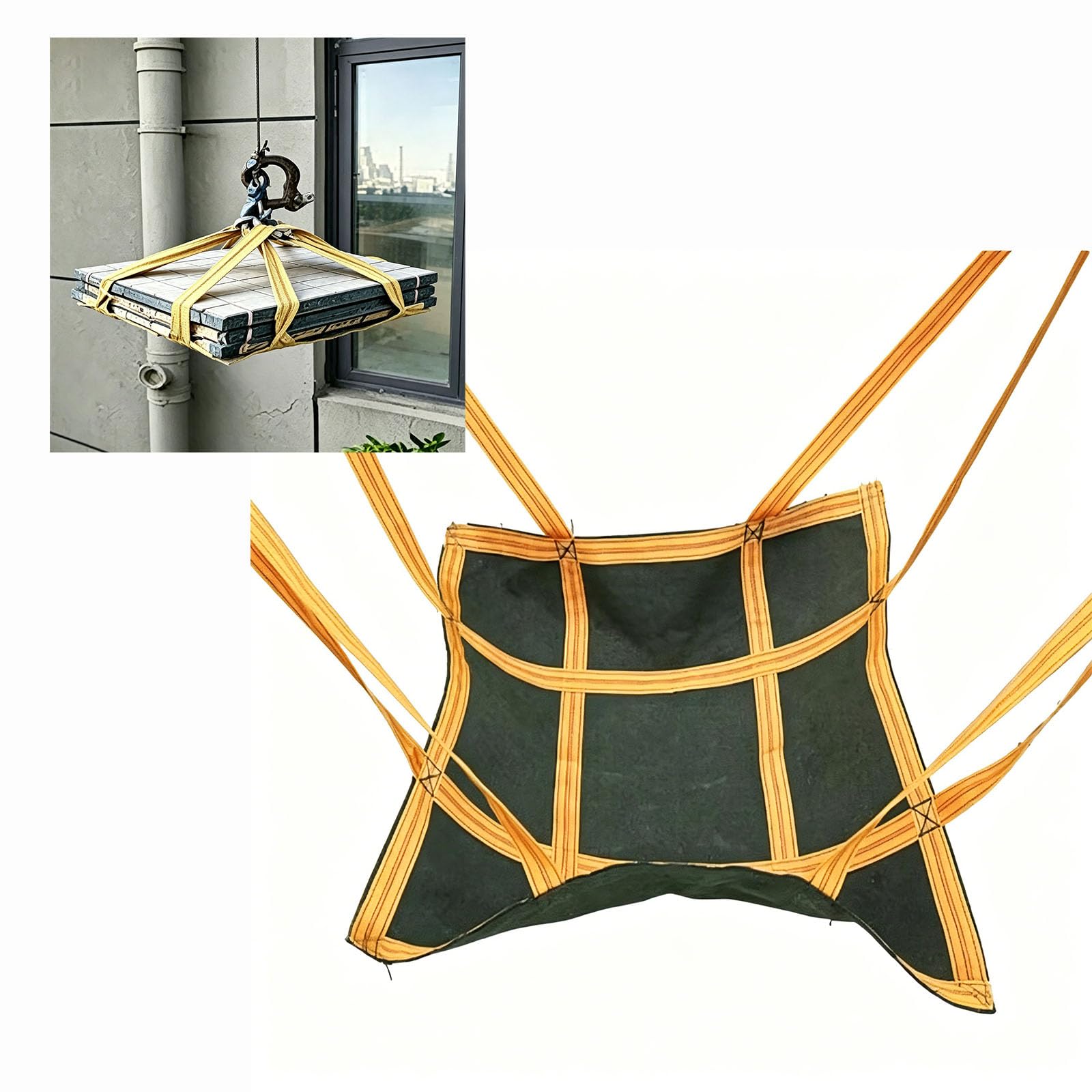 Rete di Sollevamento in Tela Resistente con Maniglie e Cinghie rinforzate per edilizia, allestimento, trasloco, Traino e Sollevamento – 1,0 x 1,0 m (39,37 x 39,37 Pollici)