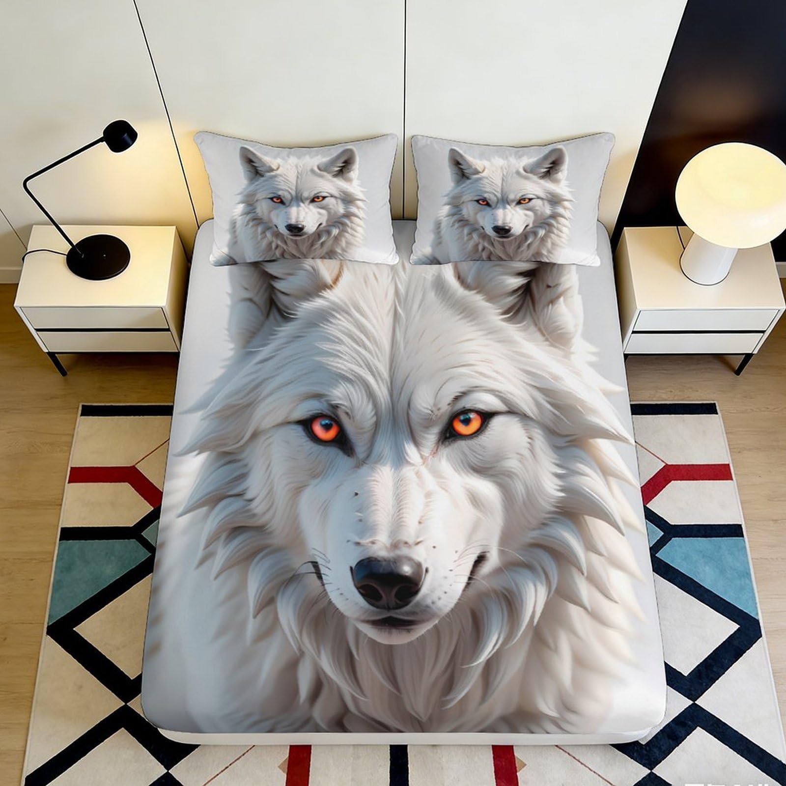 3D Printed White Wolf Fitted Sheet Microfiber Soft Durable 3D Printed Wolf Face Bed Cover for Bedroom Dormitory Guest Room Mattress Protection 120x200x25cm