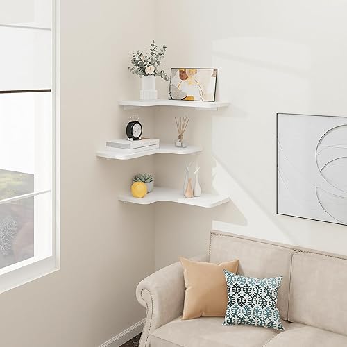 Miniatura 2 de Homode Estantes flotantes de esquina, juego de 3 estantes de pared de esquina con agujero de alambre, estante de almacenamiento colgante de madera