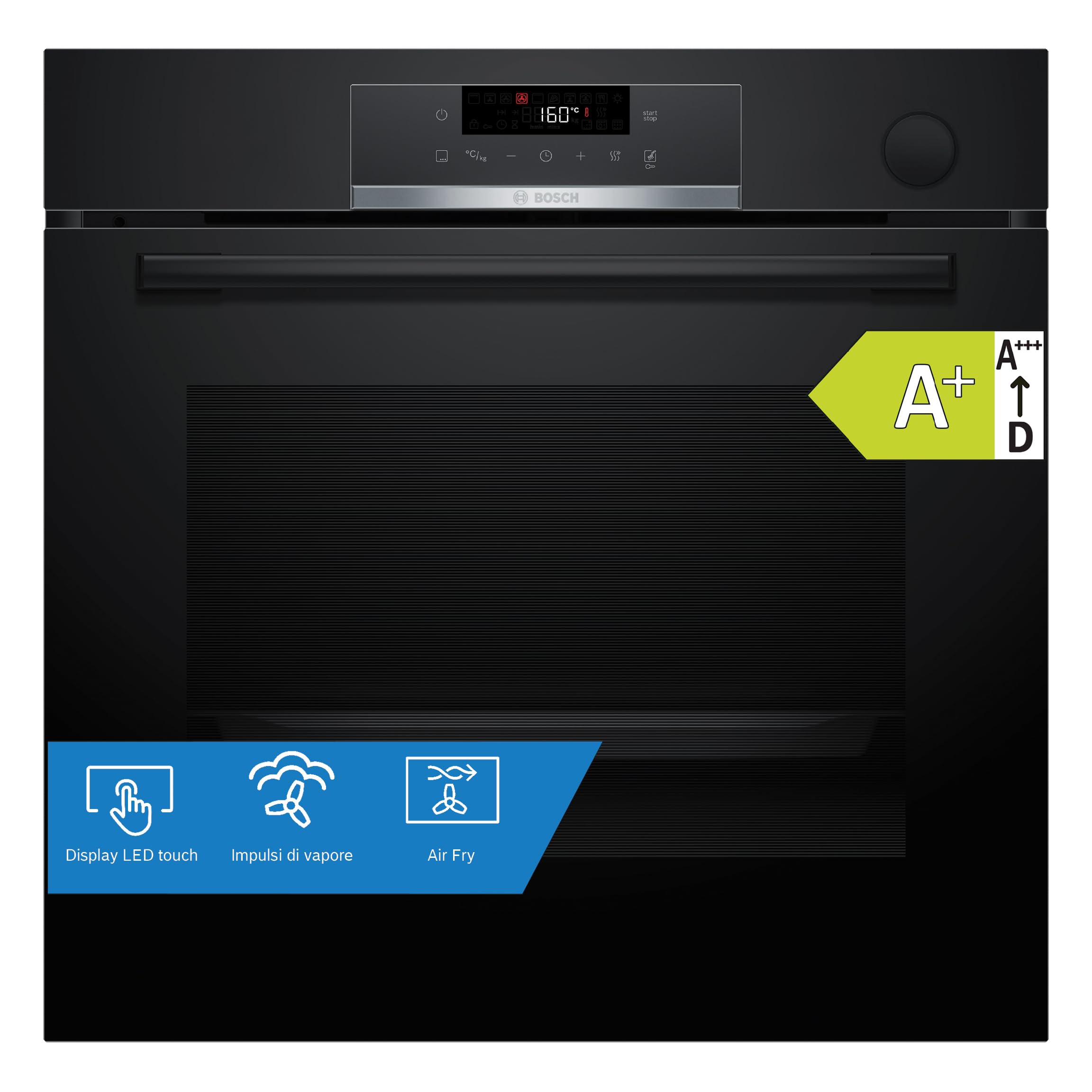 Bosch HRG532BB3 Serie 4, Forno con vapore da incasso, Display LED Touch, Funzione Air Fry, EcoClean, 15 programmi automatici, Nero, 60 x 60 cm