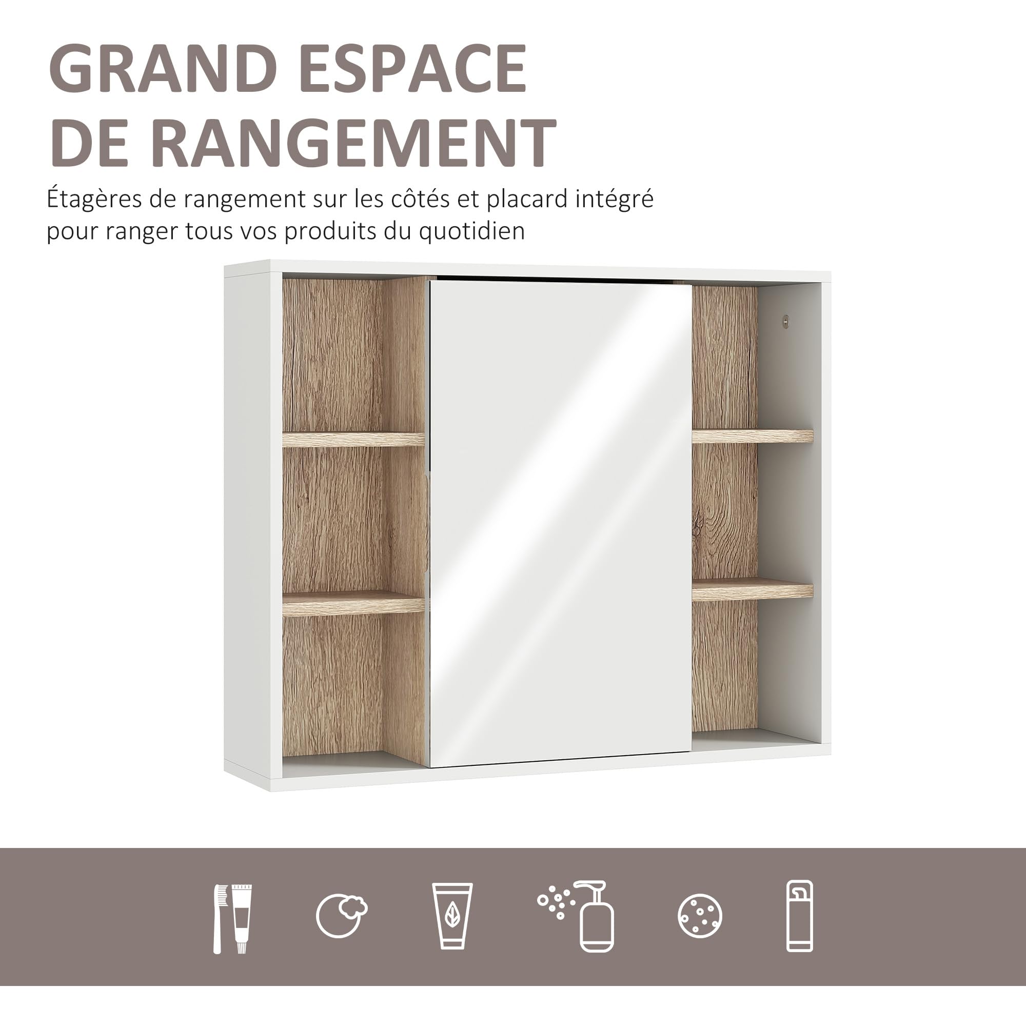 HOMCOM Armoire Murale, Meuble Salle de Bain avec Miroir, Miroir Salle de Bain avec Rangement, Placard à Portes et 6 Compartiments Ouverts, 60 x 14,5 x 49,4 cm, Blanc