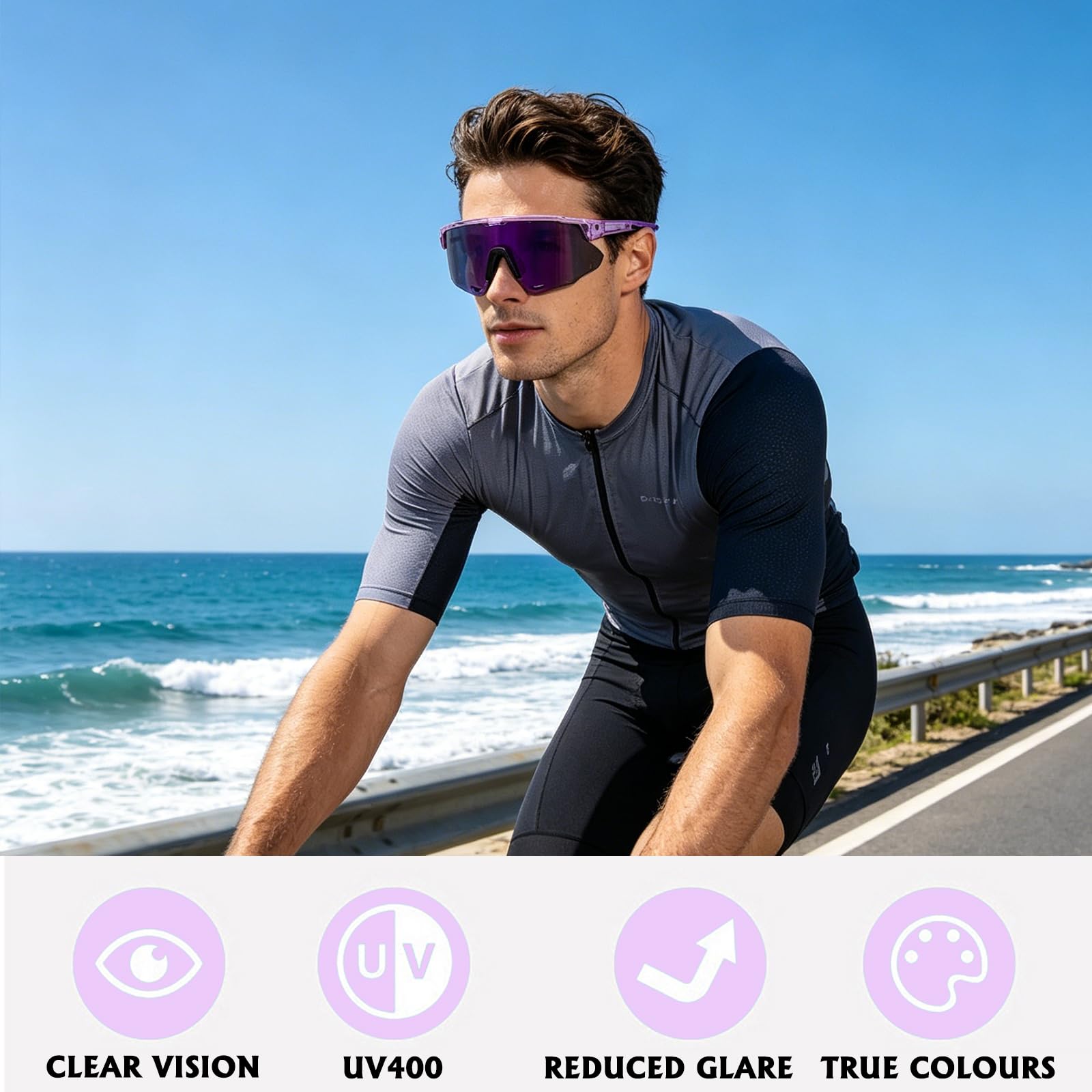 2 PCS Occhiali Ciclismo, Occhiali da Sole da Uomo Donna, Occhiali Sportivi Protezione UV Antivento Polarized Sunglasses Uomo per Attività All'aria Aperta Corsa Mountain Ciclismo, con 2 Cordino