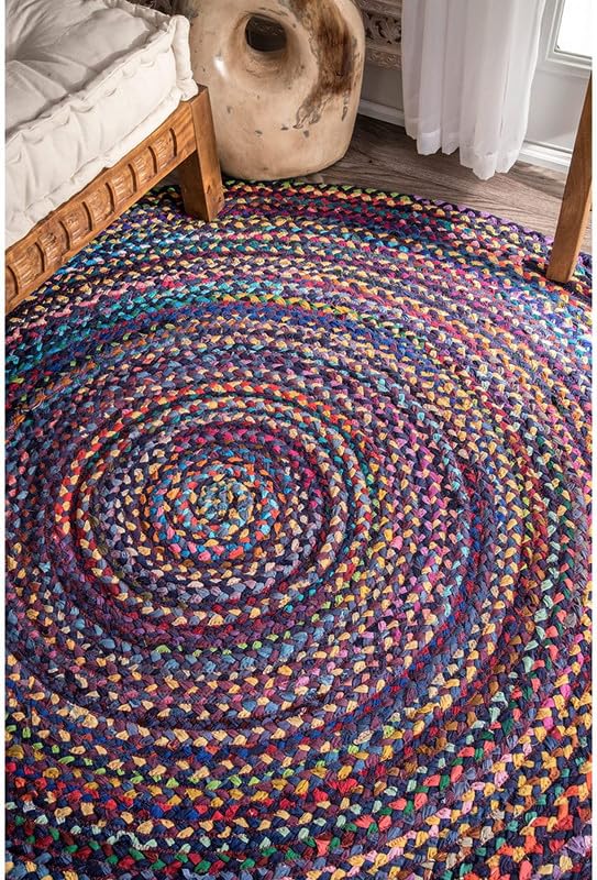 Tapis rond en coton tissé à la main, durable et respectueux des animaux domestiques pour salon, salle à manger et chambre à coucher 1,2 m Bleu