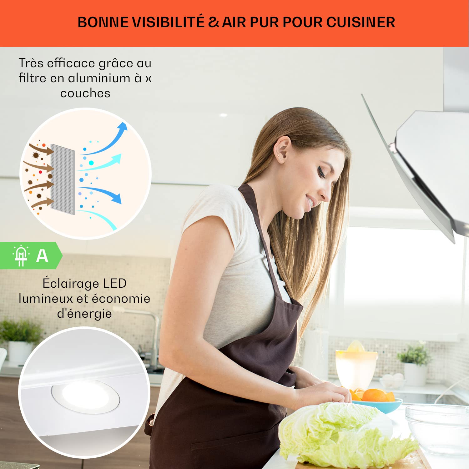 Klarstein Hotte Aspirante 60cm, Hottes de Cuisine Inclinées, Filtre de Hotte en Aluminium, Débit d'Air Puissant 641m³/h, LED, Ecran Tactile, Extracteur d'Air Silencieux, Efficace avec Evacuation