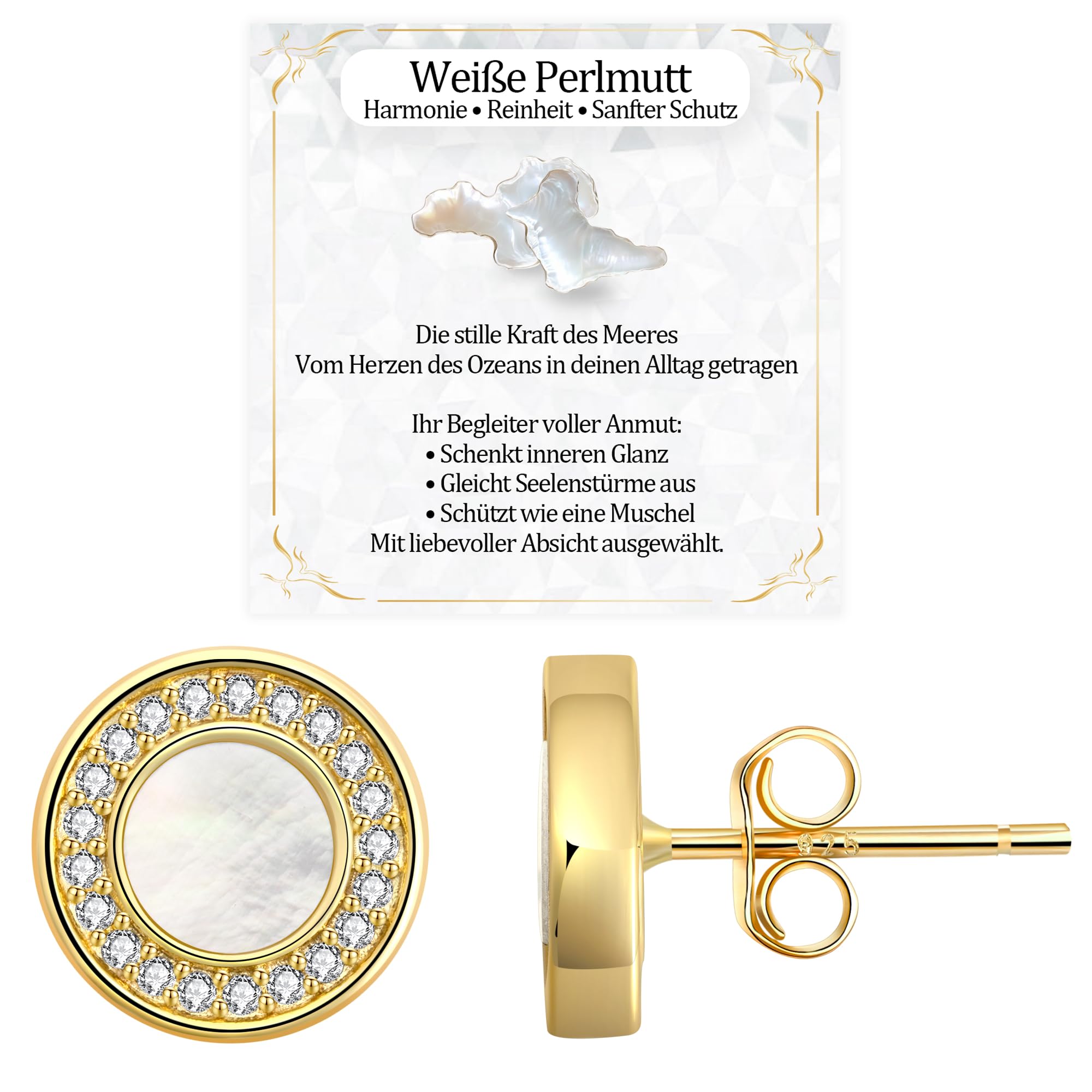 JANDY SHINE Weiße Perlmutt/Schwarzer Onyx Ohrringe für Damen 925 Sterling Silber Hypoallergene Natürlicher Edelstein Ohrstecker mit 5A Zirkonia, 10mm Durchmesser
