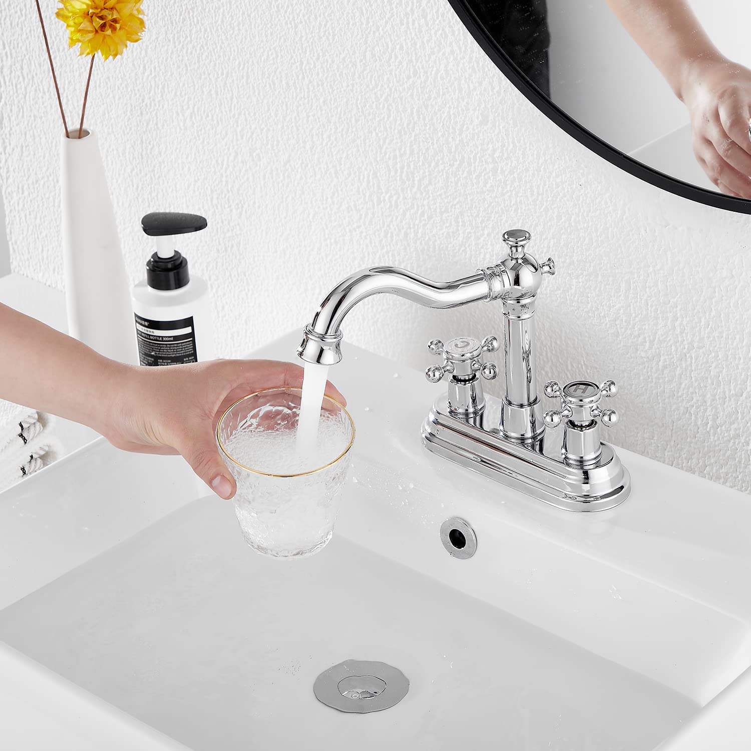 Chromowany kran łazienkowy GGStudy 2 uchwyty 10 cm centralny RV łazienka bateria umywalkowa z montażem odpływowym i wężem zasilającym bateria toaletowa bateria mieszacz podwójny uchwyt kran