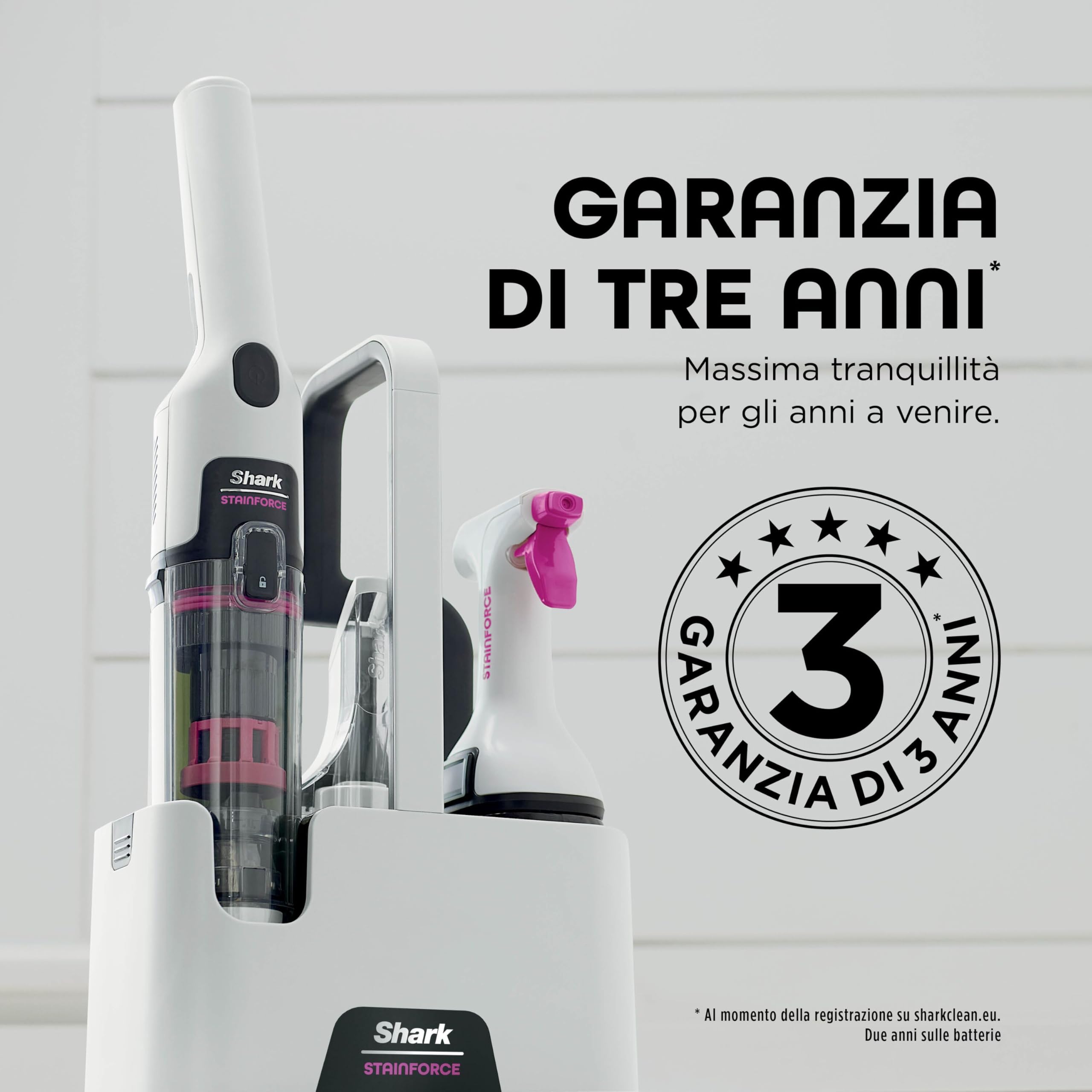 Shark StainForce Pulitore elettrico senza filo leggero, Elimina macchie e odori da tappeti, moquette, tappezzeria, scale, auto. Con cestello di stoccaggio, accessori e soluzione detergente, HX100EUT