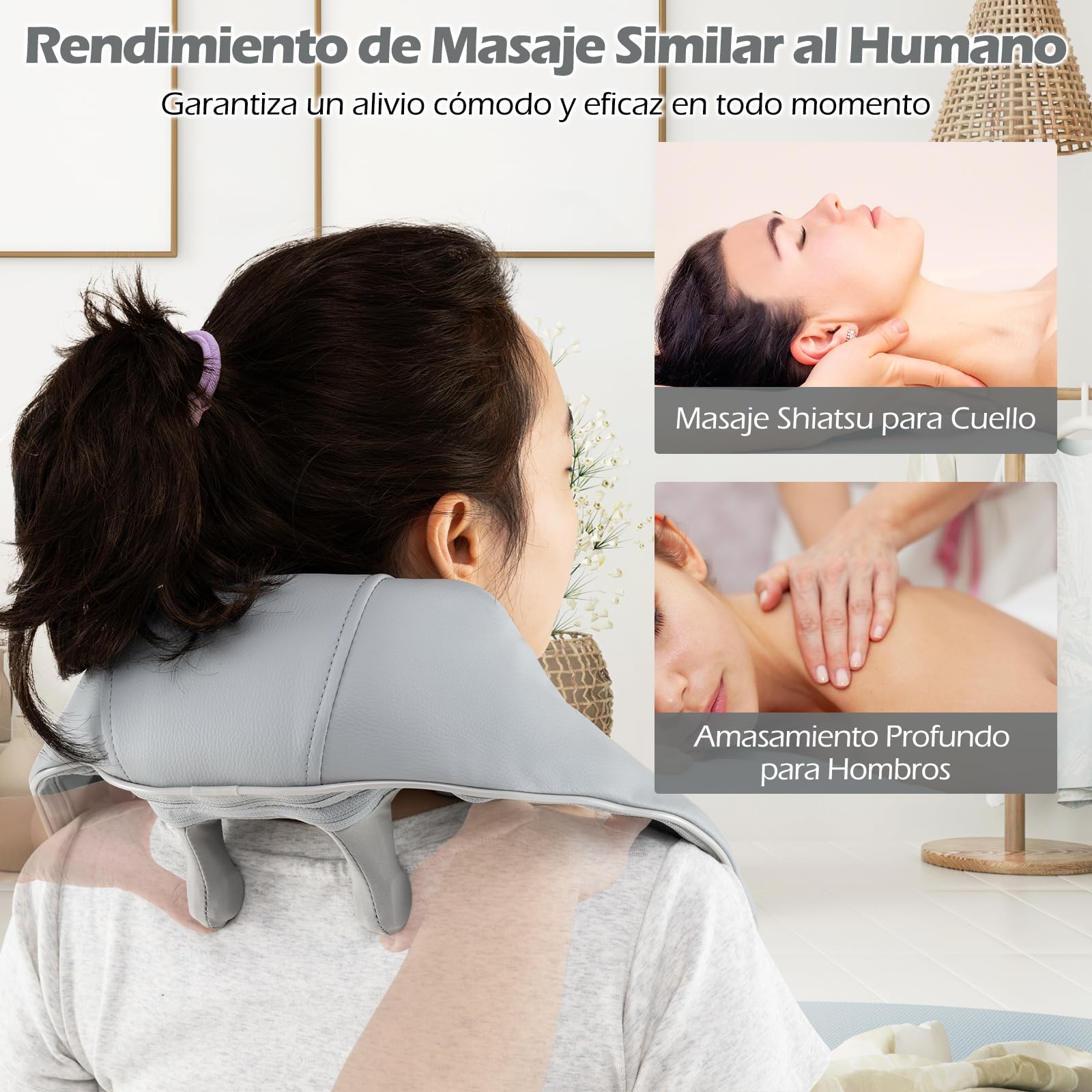 COSTWAY Masajeador de Cuello y Hombros, Masajeador Cervical con 2 Niveles de Calor, Máquina de Masaje Shiatsu de Amasamiento de Tejido Profundo con Almohada Masajeadora (Gris)