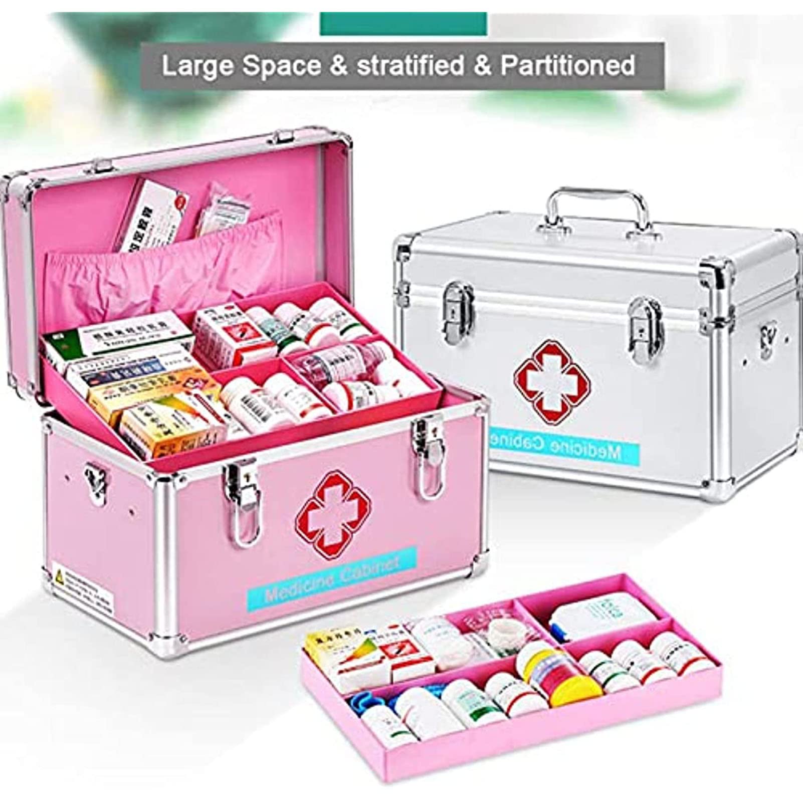 Caja De Botiquín De Primeros Auxilios con Botiquín con Cerradura, Botiquín De Primeros Auxilios De Aluminio De Múltiples Capas Portátiles, Caja De Medicina De Emergencia, para Oficina De Viajes