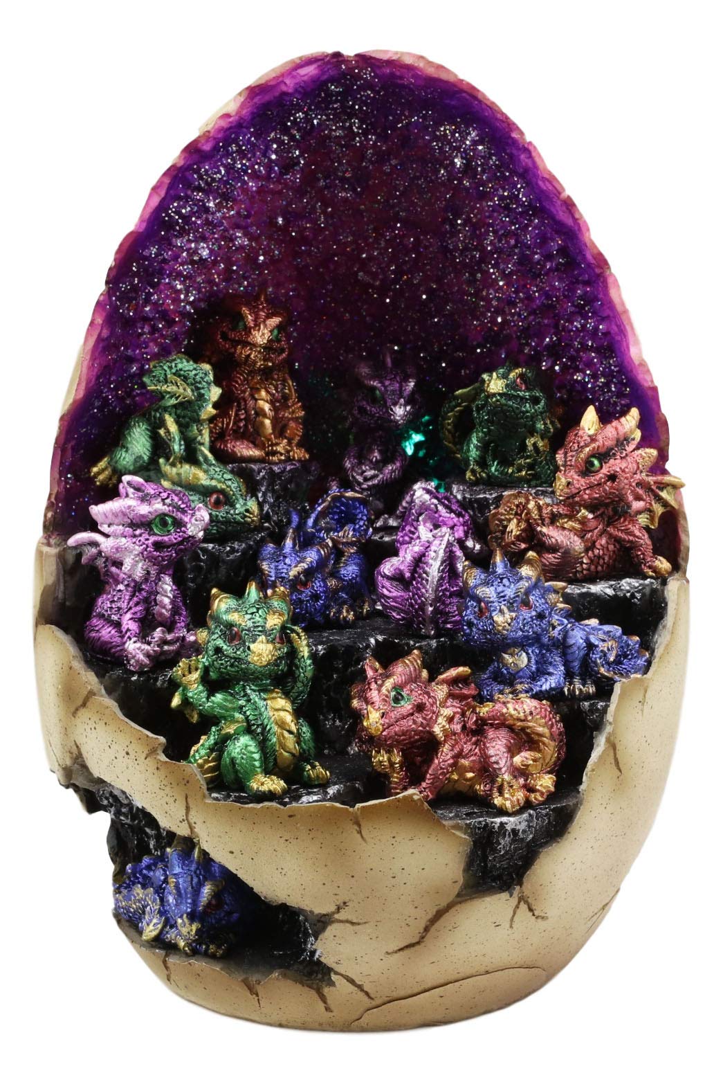 Ebros Purple Geode Crystal Quartz Dragon Egg LED Light Display Stand with 12 Metallic Colorful Baby Dragons Miniature Figurines Fantasy Set