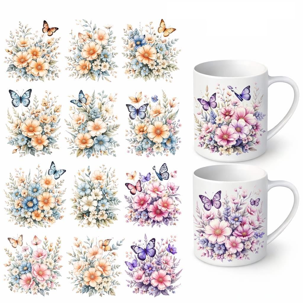 UV DTF Cup Wraps Transfer Stickers, Floral Butterfly Design, Waterproof Decals, 6.35x6.35 cm, Pack of 12
