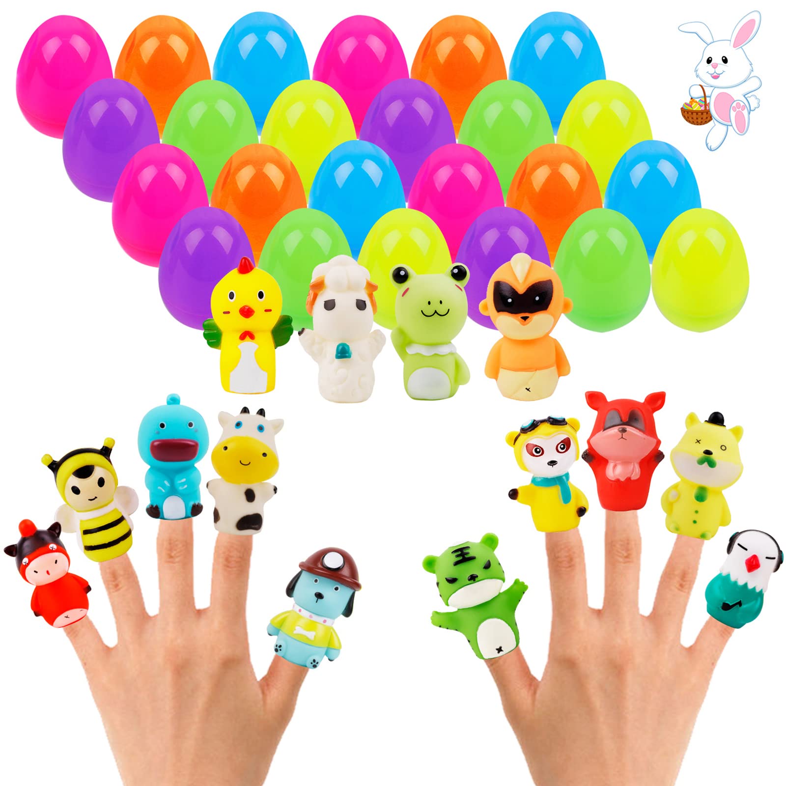 M SANMERSEN 24Pcs Easter Eggs Filled with 14Pcs Animals Finger Puppets Bright Colorful Surprise Plastic Easter Eggs Kids Gifts for Easter Party Games Easter Egg Hunt Basket Fun Goodie Bags Fillers